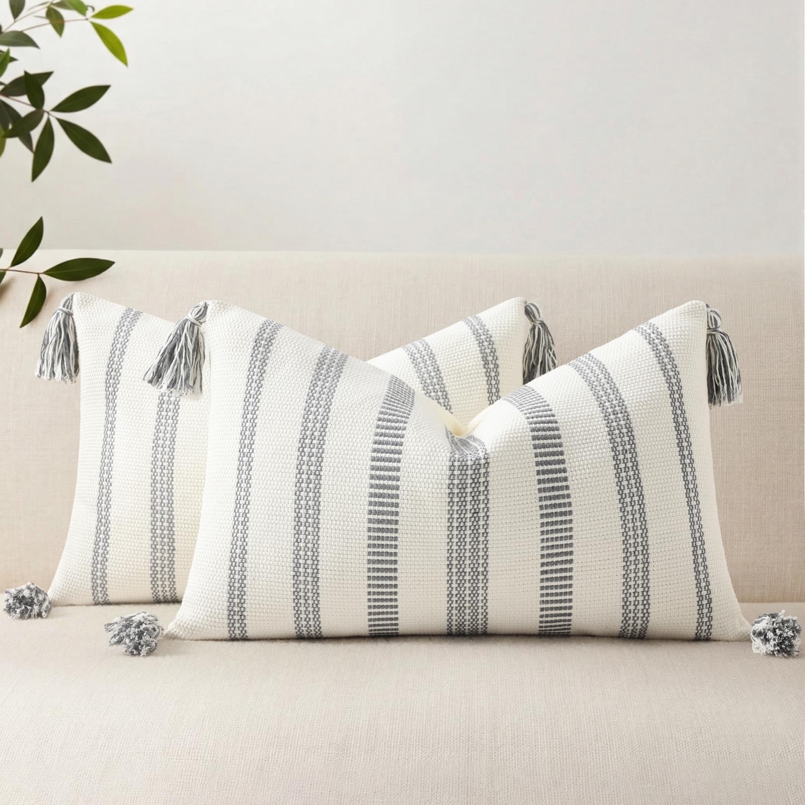 Smile Bee Boho Outdoor Couch Throw Pillow Covers Set of 2 Decorative Thick Woven Striped Accent Neutral Pillow Covers with Tassels for Bed Sofa Home Decor 20x20 Inch, Navy Blue and Cream White