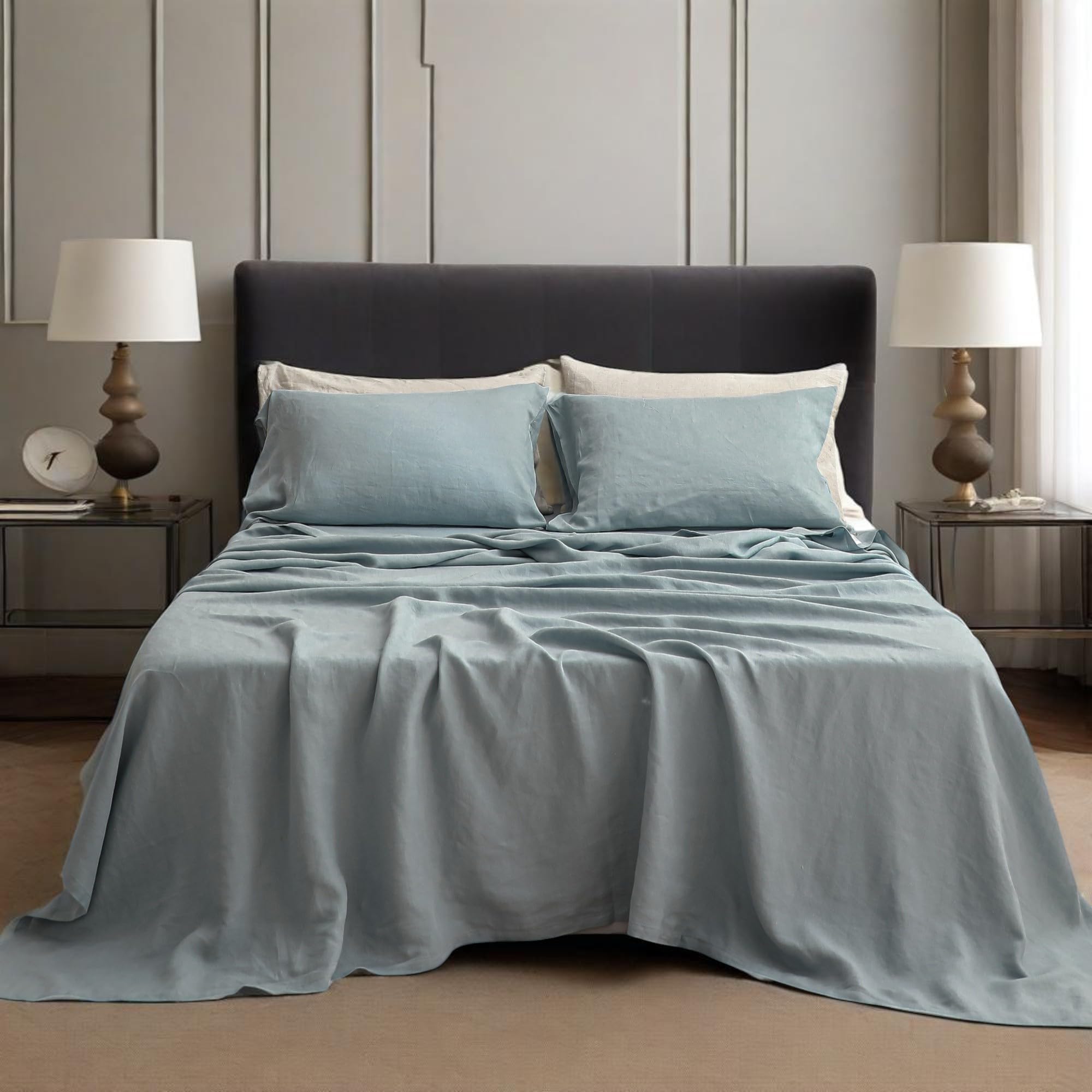 Simple&Opulence 100% Linen Sheets Queen Size Set, 4 Pcs Natural French Linen Bed Sheets, Breathable Soft Durable Bedding Set for All Season (Classic Blue, Queen)
