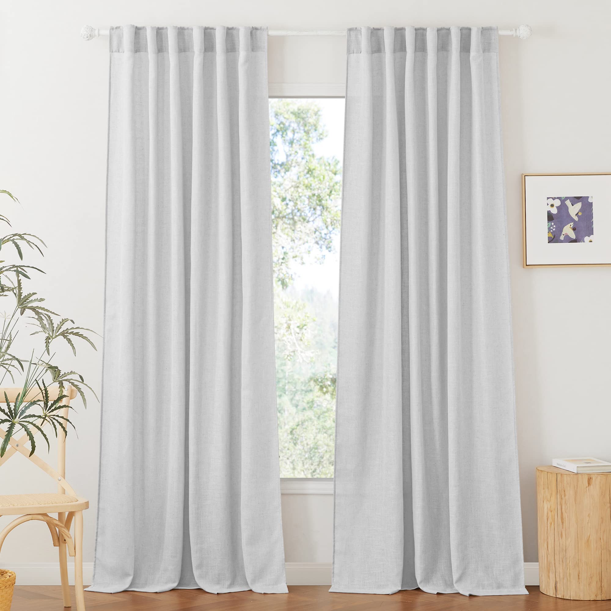 RYB HOME Linen Sheer Curtains and Drapes for Living Room 108 inches Length, Breathable Back Tab/Rod Pocket Semi Sheer Curtains, Oatmeal, W 52 x L 108 inches, 2 Panels Set
