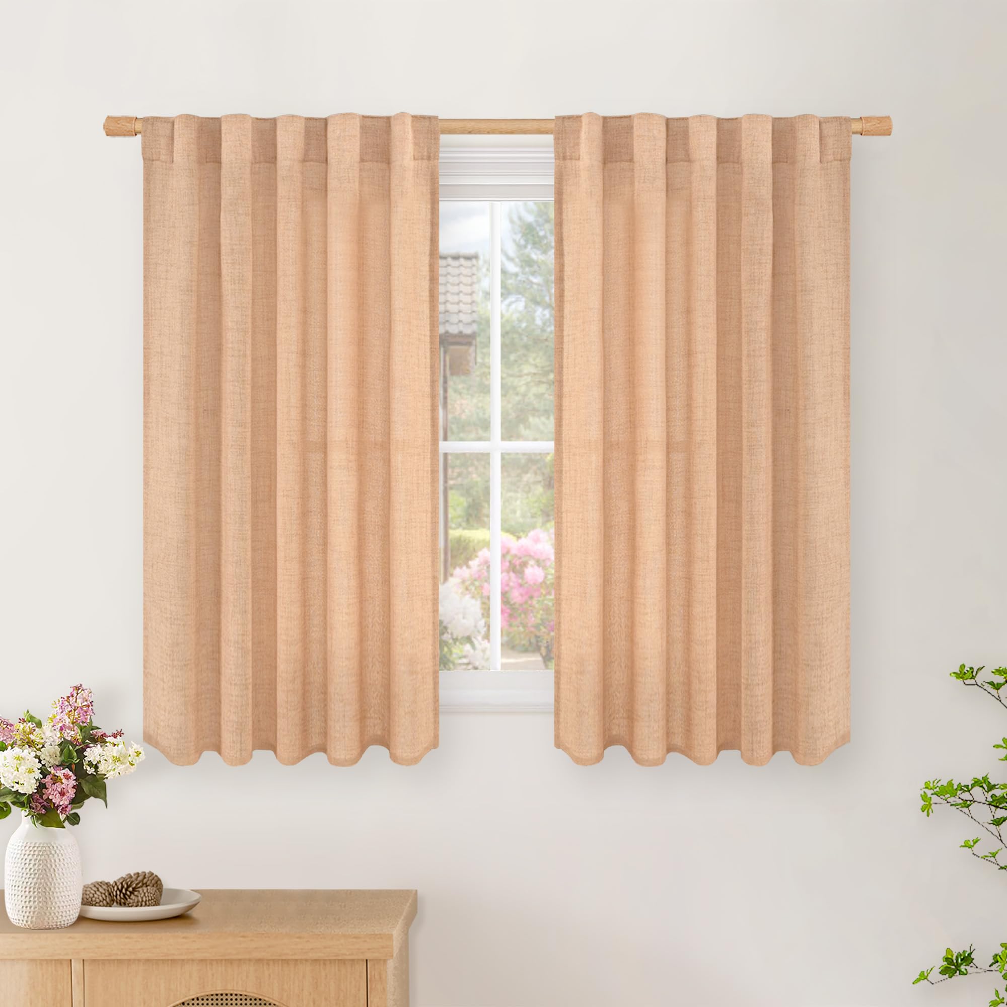 BGment Natural Linen Semi Sheer Curtains 96 Inch Length 2 Panels for Living Room, Beige Light Filtering Window Drapes with Rod Pocket Back Tab Extre Long for Dining Bedroom, 52 X 96 Inch