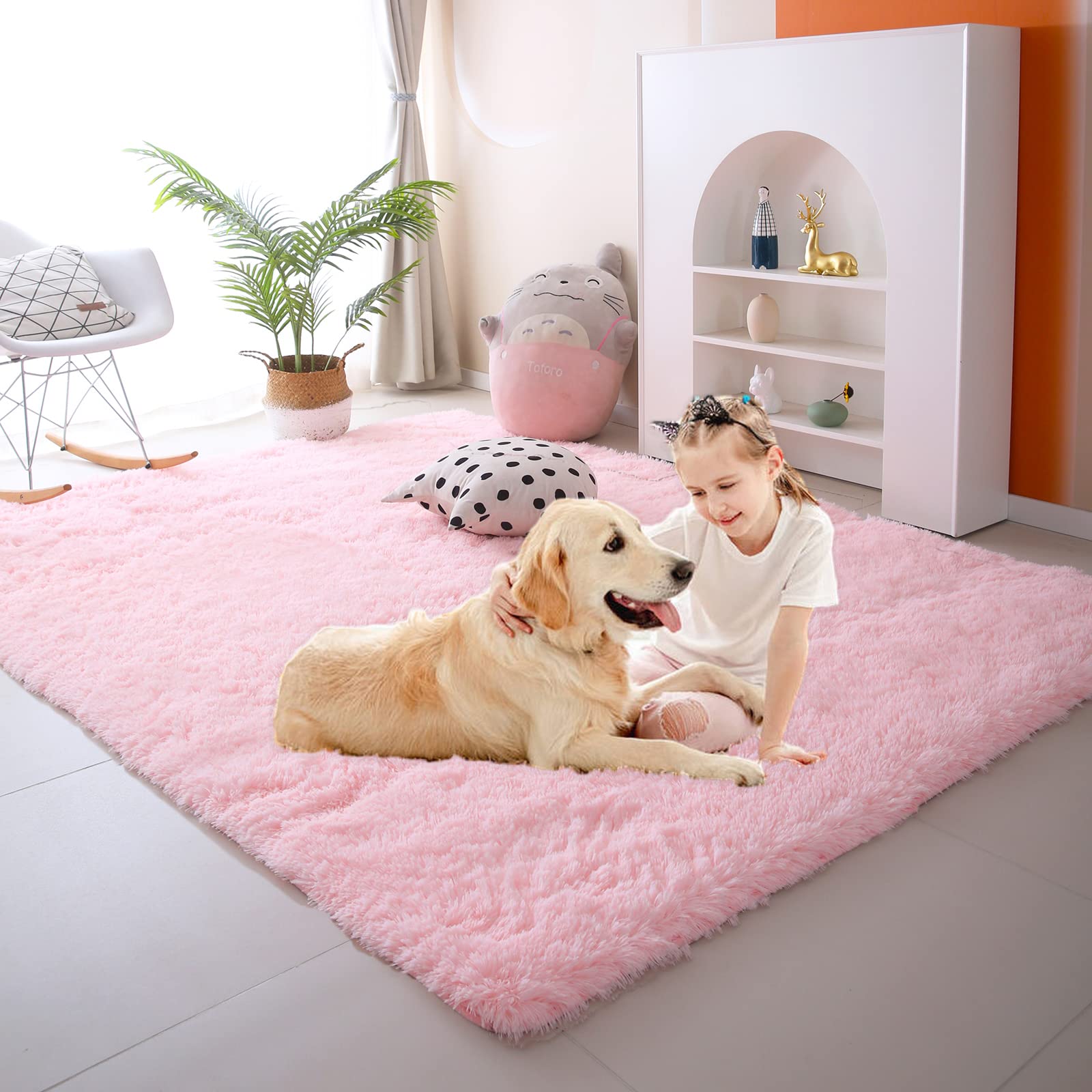 CAIYUECS Shag Area Rug,Indoor Ultra Soft Fluffy Plush Rugs for Bedroom Living Room, Non-Skid Modern Nursery Faux Fur Rugs for Kids Room Home Decor (Tie-Dyed Light Gray, 5x7 Feet)
