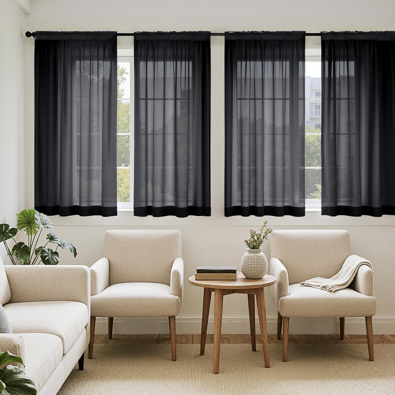 MIULEE Butter Cream Sheer Curtains 96 Inches Long, 4 Panels Set, Rod Pocket Voile Drapes Light Filtering and Semi Transparent, Elegant Window Treatments for Bedroom Living Room,42 x 96 Inches