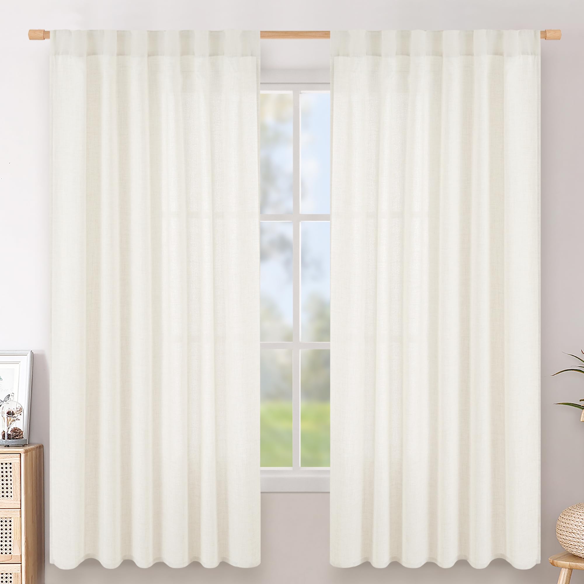 BGment Natural Linen Semi Sheer Curtains 96 Inch Length 2 Panels for Living Room, Beige Light Filtering Window Drapes with Rod Pocket Back Tab Extre Long for Dining Bedroom, 52 X 96 Inch