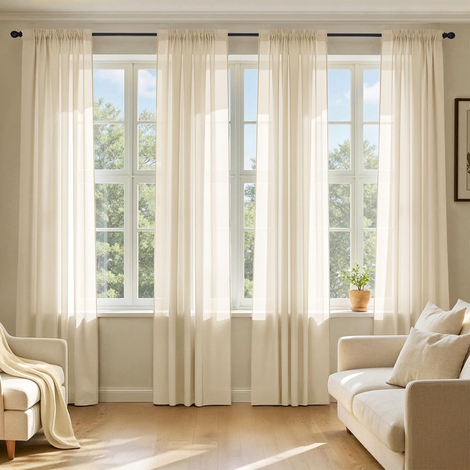 MIULEE Butter Cream Sheer Curtains 96 Inches Long, 4 Panels Set, Rod Pocket Voile Drapes Light Filtering and Semi Transparent, Elegant Window Treatments for Bedroom Living Room,42 x 96 Inches