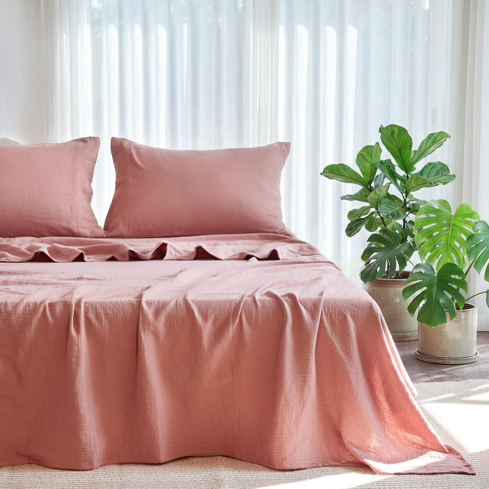 LUTBM King Sheet Set 100% Cotton Bed Sheets Gauze 4 Pcs Muslin Linen Sheets Set 16" Deep Pocket Sheet & Pillowcase Sets Breathable Boho King Soft Bedding Sets for All Season