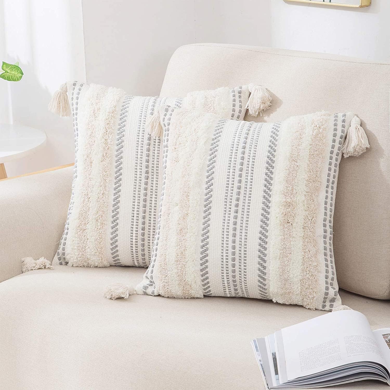 decorUhome Summer Decorative Boho Throw Pillow Covers 18x18 Set of 2, Accent Neutral Textured Tufted Pillow Covers Striped for Couch Bed Sofa Living Room, Khaki and Cream White