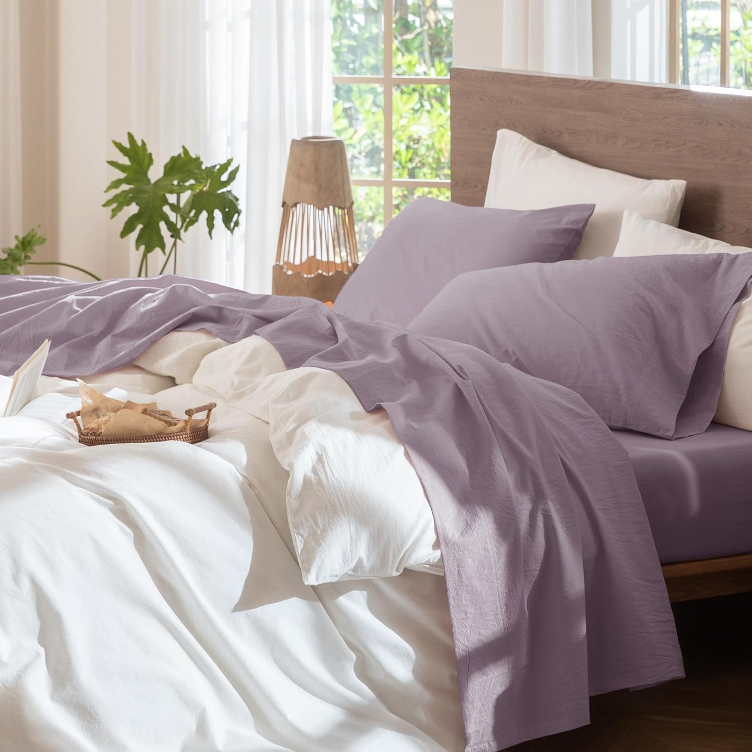 MooMee Bedding Sheet Set 100% Washed Cotton Linen Like Textured Breathable Durable Soft Comfy (Heathered Green, Queen)