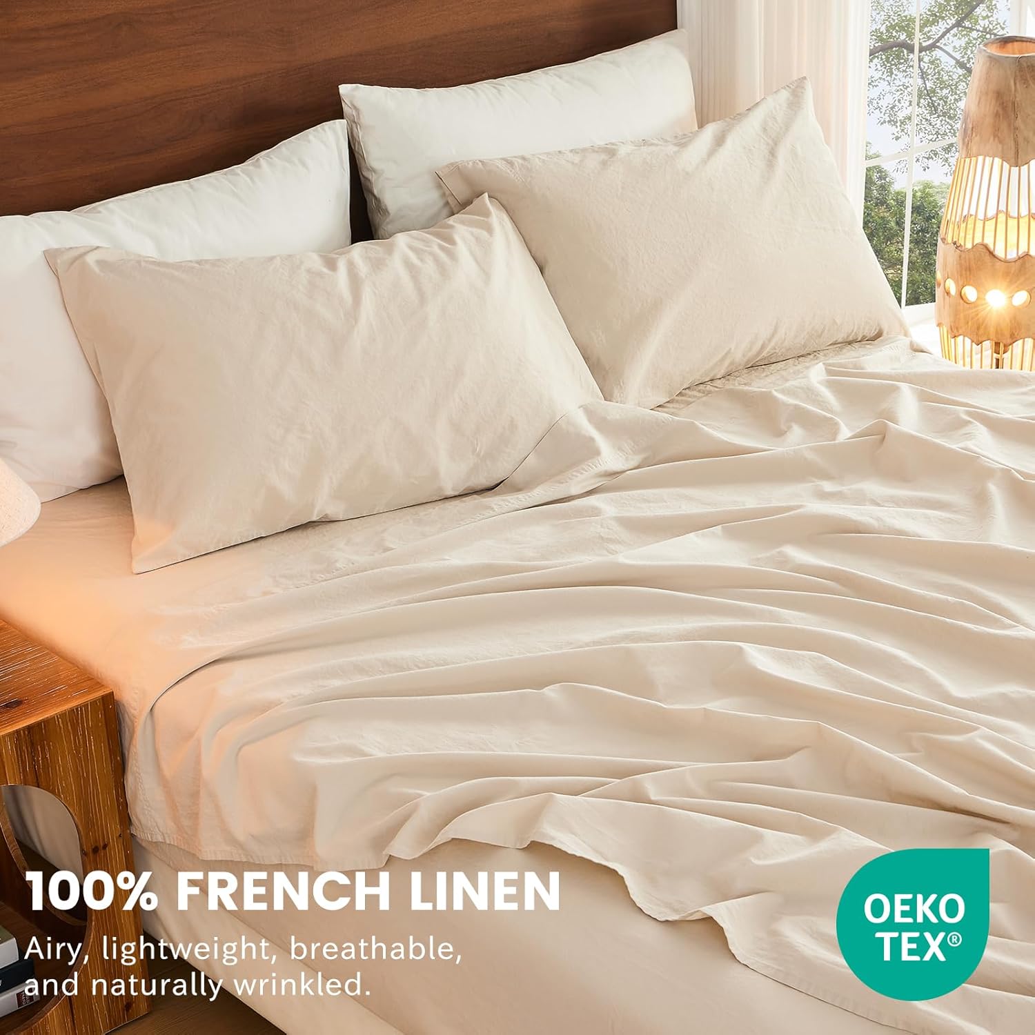 Bedlifes 100% French Linen Sheets Queen Size 18-24”Extra Deep Pocket 4-Piece Set Breathable & Moisture-Wicking,Soft & Durable Sheets for Thick Mattresses(Linen)