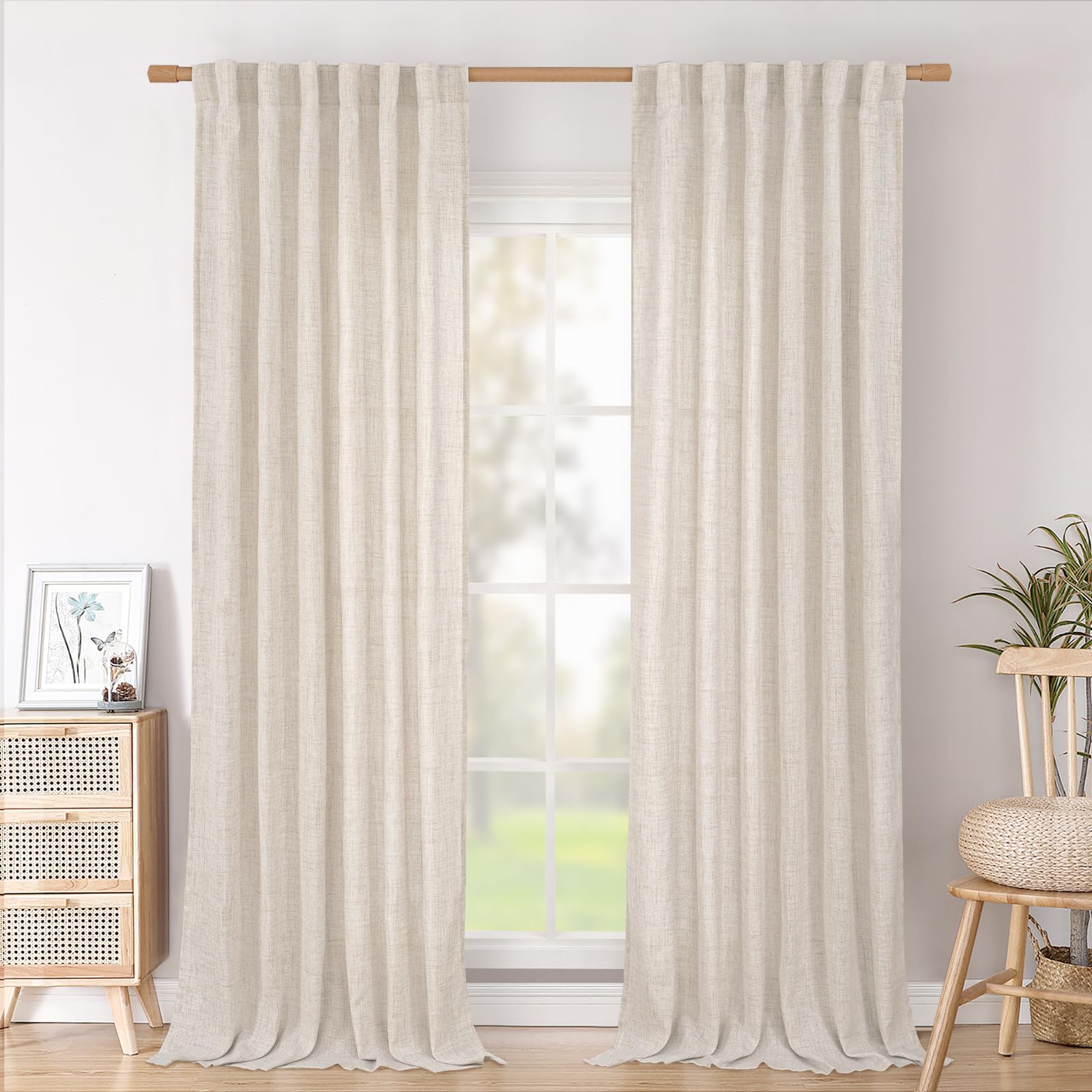 BGment Natural Linen Semi Sheer Curtains 96 Inch Length 2 Panels for Living Room, Beige Light Filtering Window Drapes with Rod Pocket Back Tab Extre Long for Dining Bedroom, 52 X 96 Inch