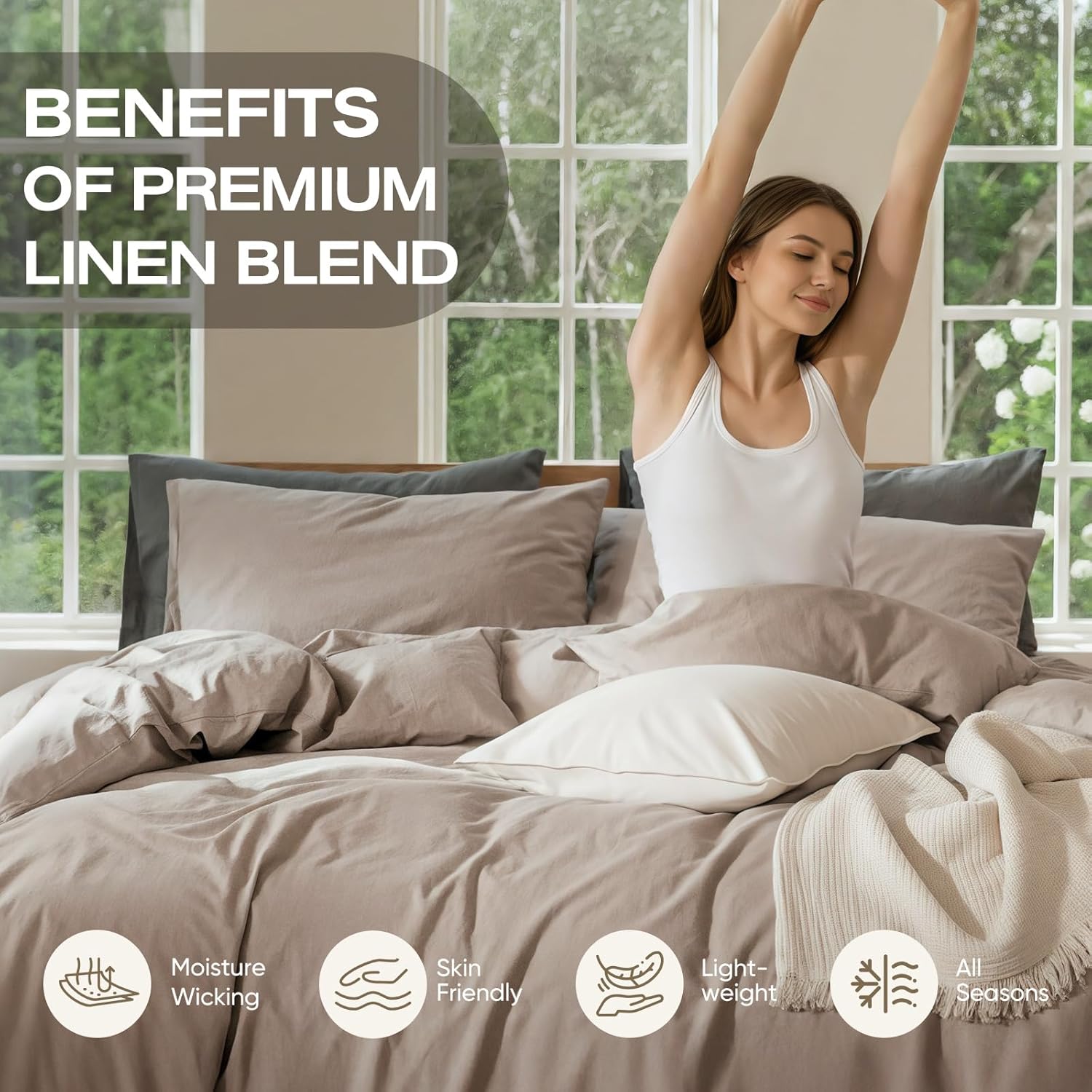 100% Pure Linen Blend Sheets Set, Natural Flax Beddings Soft, Breathable and Durable for Hot Sleepers,Comfortable for All Seasons,Anti-Tear Linen Bed Sheets,18 Inch Deep Pocket - 4 Piece