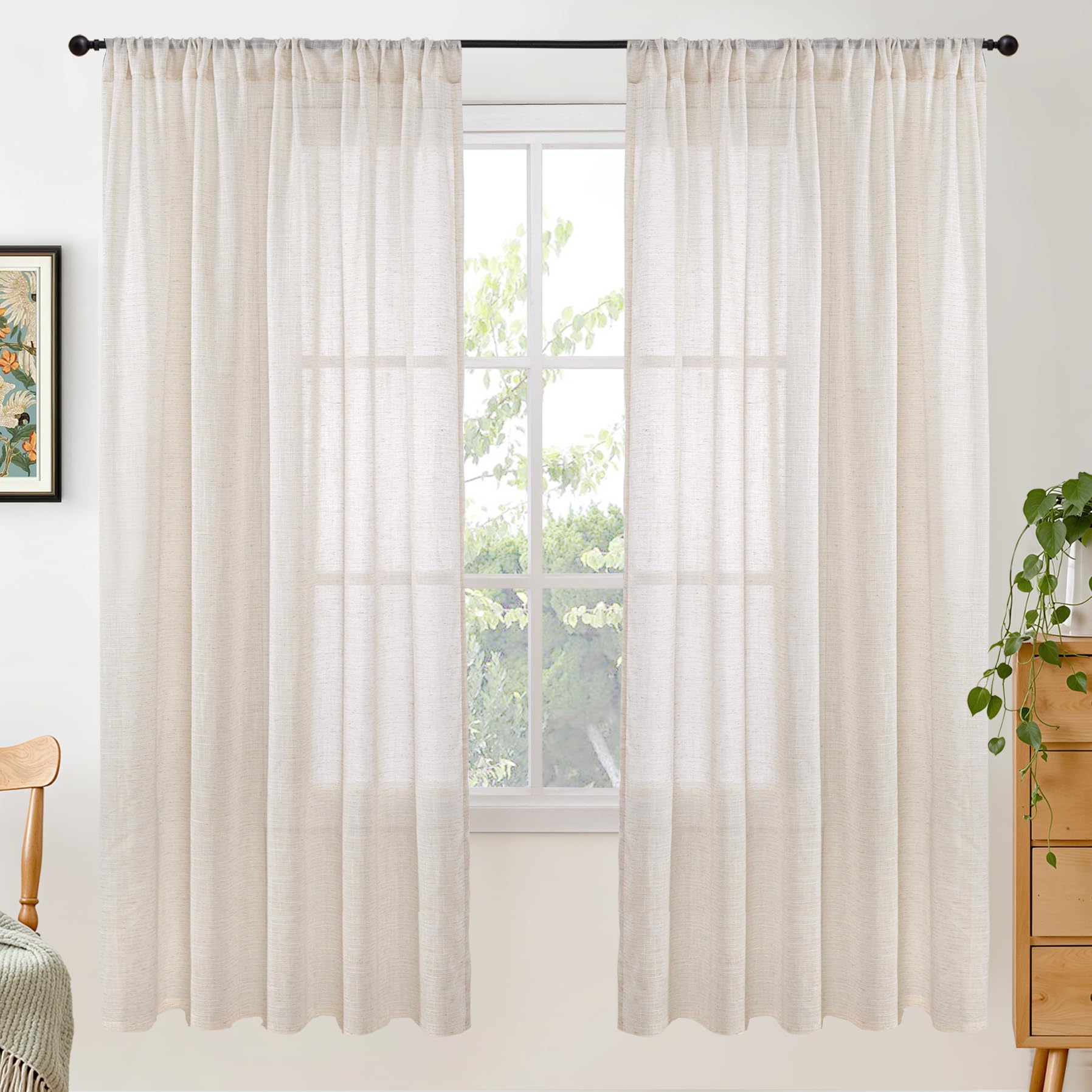 BGment 90 Inches Long Curtains Linen Semi Sheer, Light Filtering Window Treatments Drapes with Rod Pocket Lightweight for Living Room Bedroom, 2 Panels, 52 Inch Wide Each Panel