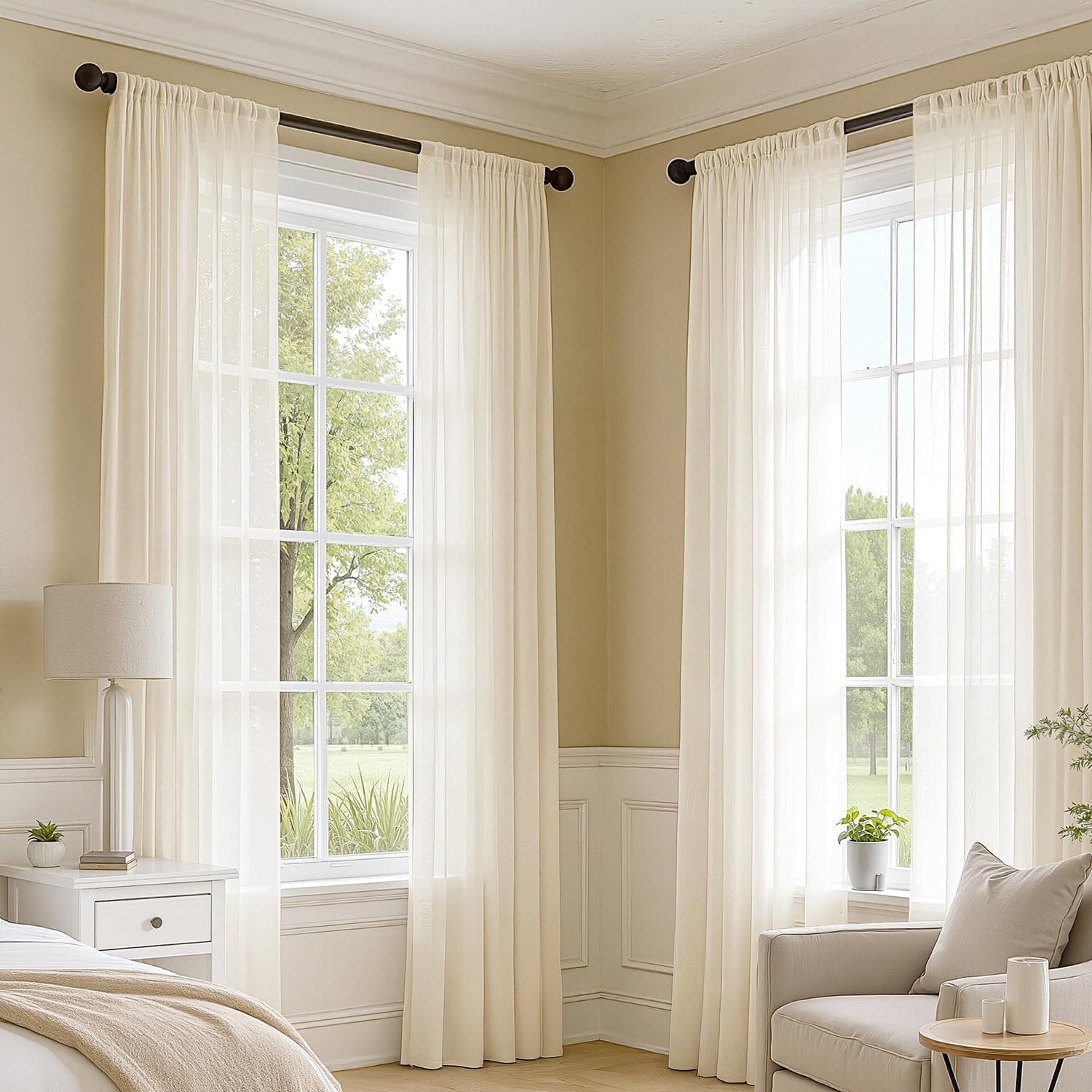 MIULEE Butter Cream Sheer Curtains 96 Inches Long, 4 Panels Set, Rod Pocket Voile Drapes Light Filtering and Semi Transparent, Elegant Window Treatments for Bedroom Living Room,42 x 96 Inches