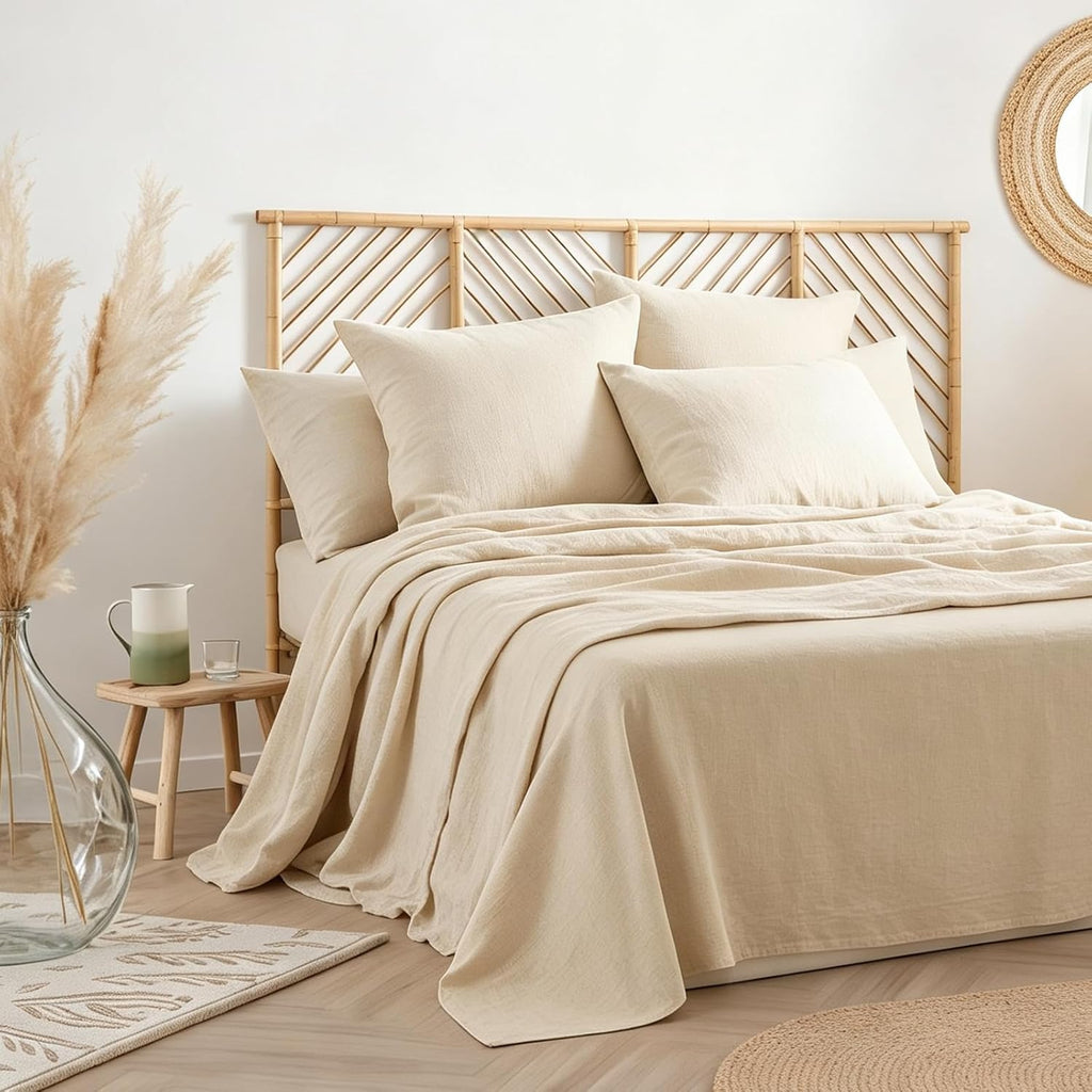 Linen Sheets Queen Size, Cotton Linen Bed Sheets, Breathable, Durable Bed Sets 18" Deep Pocket(Natural Linen)