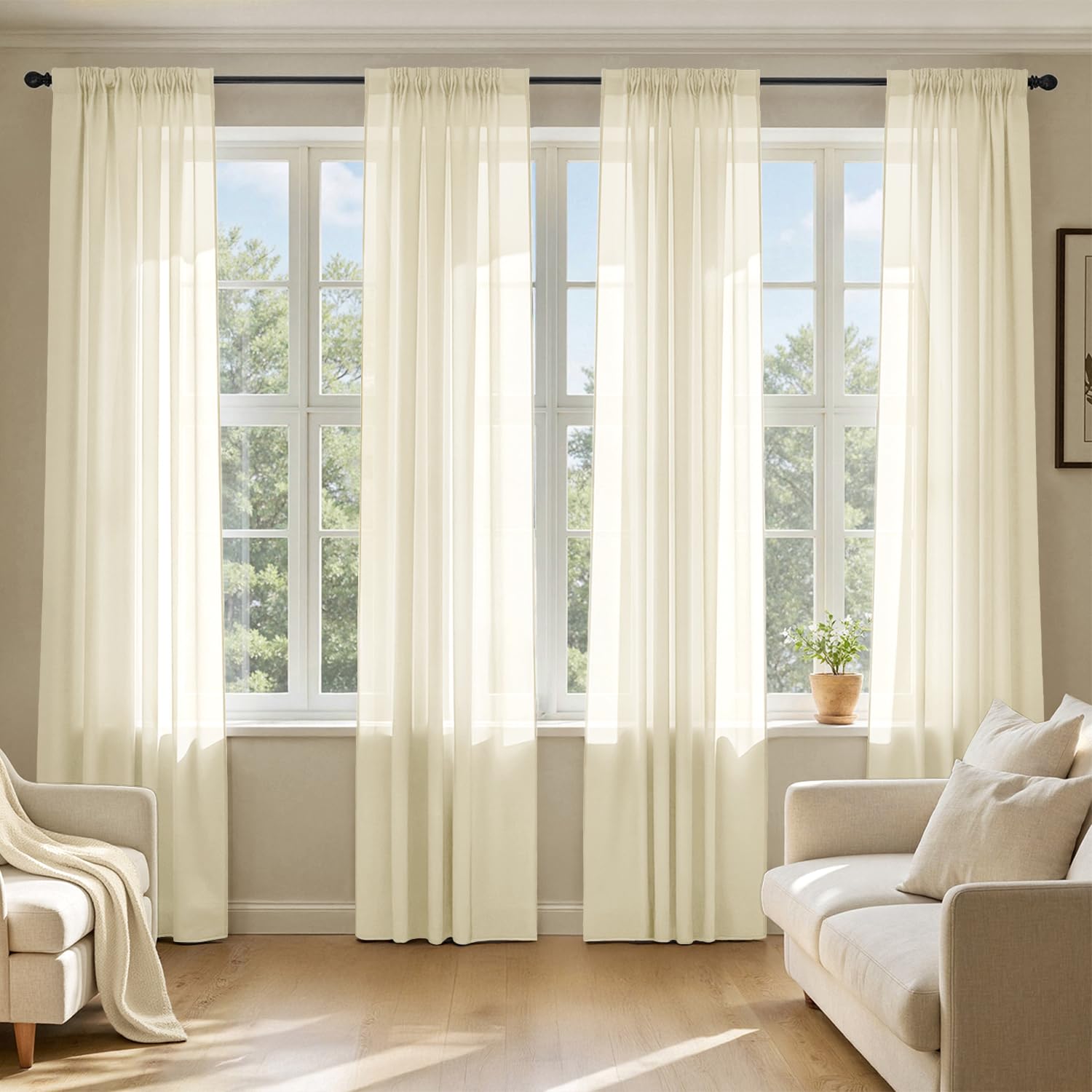 MIULEE Butter Cream Sheer Curtains 96 Inches Long, 4 Panels Set, Rod Pocket Voile Drapes Light Filtering and Semi Transparent, Elegant Window Treatments for Bedroom Living Room,42 x 96 Inches