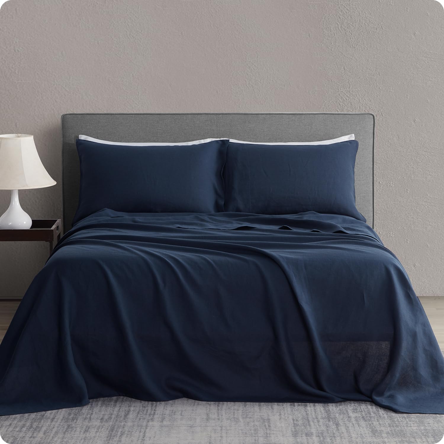 DAPU Pure Linen Sheets Set, 100% French Linen from Normandy, Breathable and Durable for Hot Sleepers, 4 Pcs Queen Size Sheets Set - 1 Flat Sheet, 1 Fitted Sheet, 2 Pillowcases (Natural Linen, Queen)