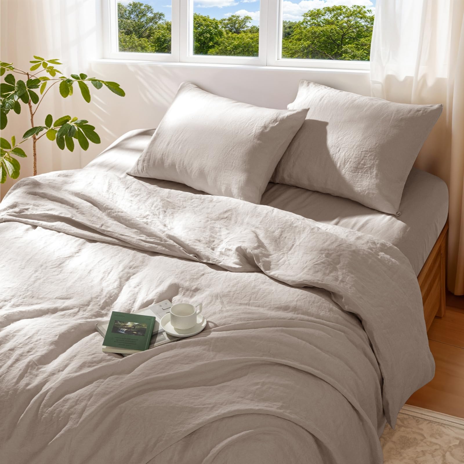 100% Pure Linen Duvet Cover Set Queen Size 3 Pcs Natural Linen Bedding Zipper Closure Breathable Soft Comforter Cover Sets, Cozy for All Season (Queen, Linen)