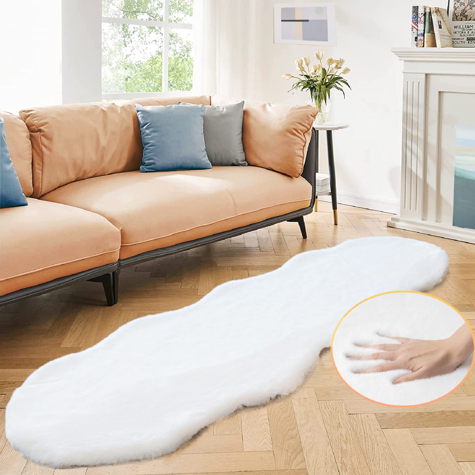 ORINOVA White Faux Rabbit Fluffy Fur Rugs for Bedroom Machine Washable Furry Area Rugs for Living Room Smal 2x4 Shag Runner Rug Nursery Rug