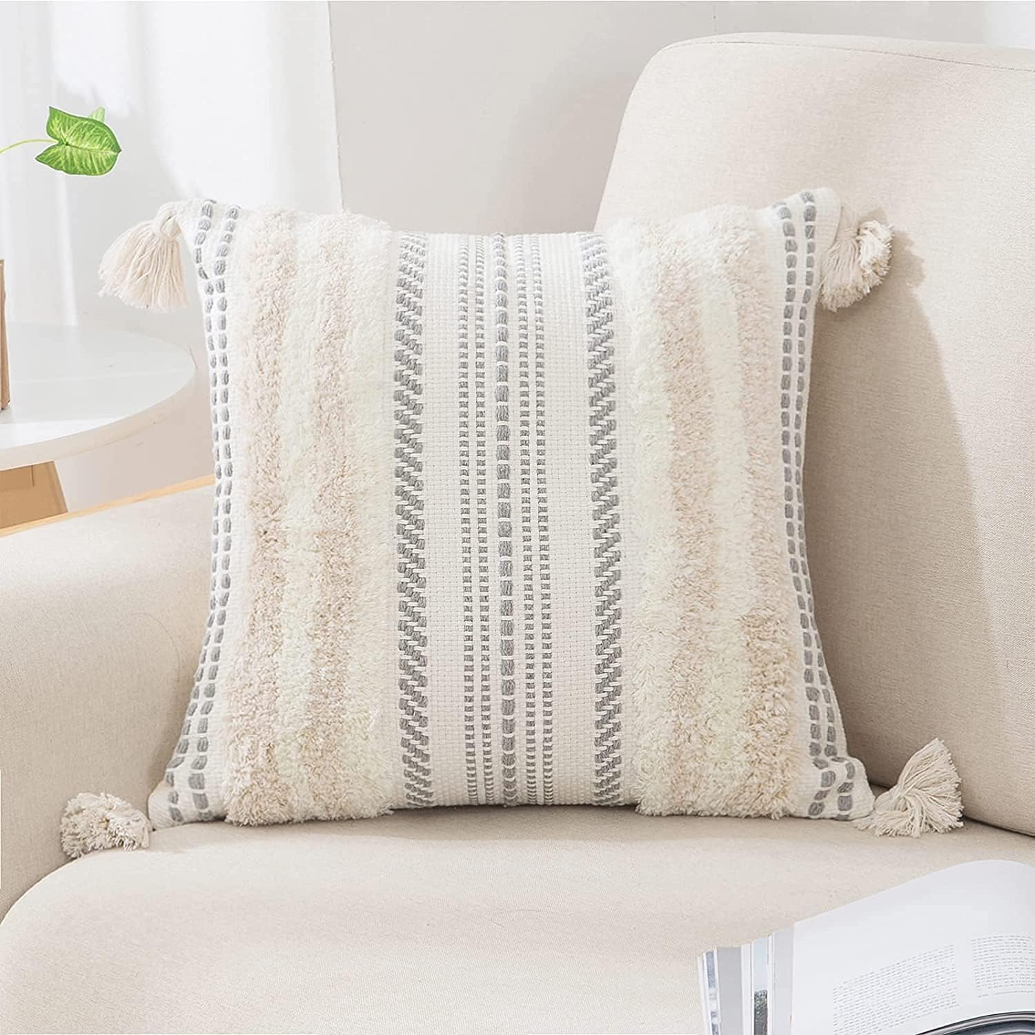 decorUhome Summer Decorative Boho Throw Pillow Covers 18x18 Set of 2, Accent Neutral Textured Tufted Pillow Covers Striped for Couch Bed Sofa Living Room, Khaki and Cream White