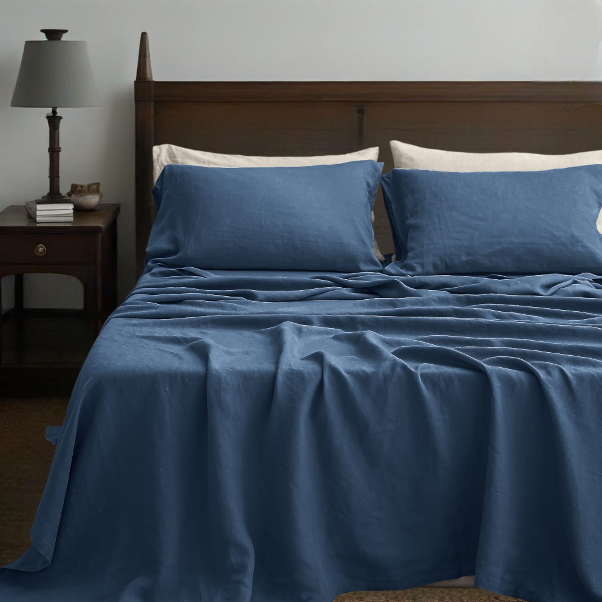 Simple&Opulence 100% Linen Sheets Queen Size Set, 4 Pcs Natural French Linen Bed Sheets, Breathable Soft Durable Bedding Set for All Season (Classic Blue, Queen)