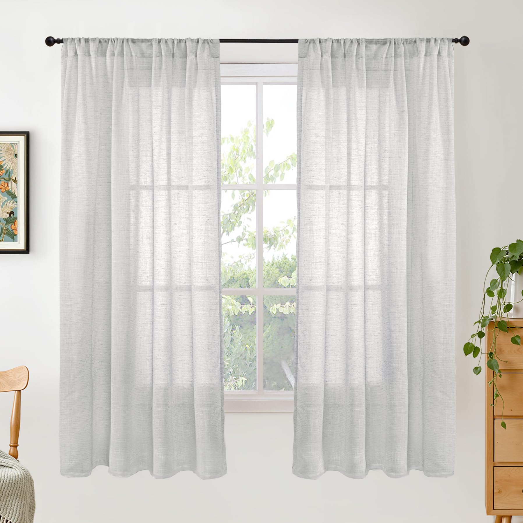 BGment 90 Inches Long Curtains Linen Semi Sheer, Light Filtering Window Treatments Drapes with Rod Pocket Lightweight for Living Room Bedroom, 2 Panels, 52 Inch Wide Each Panel
