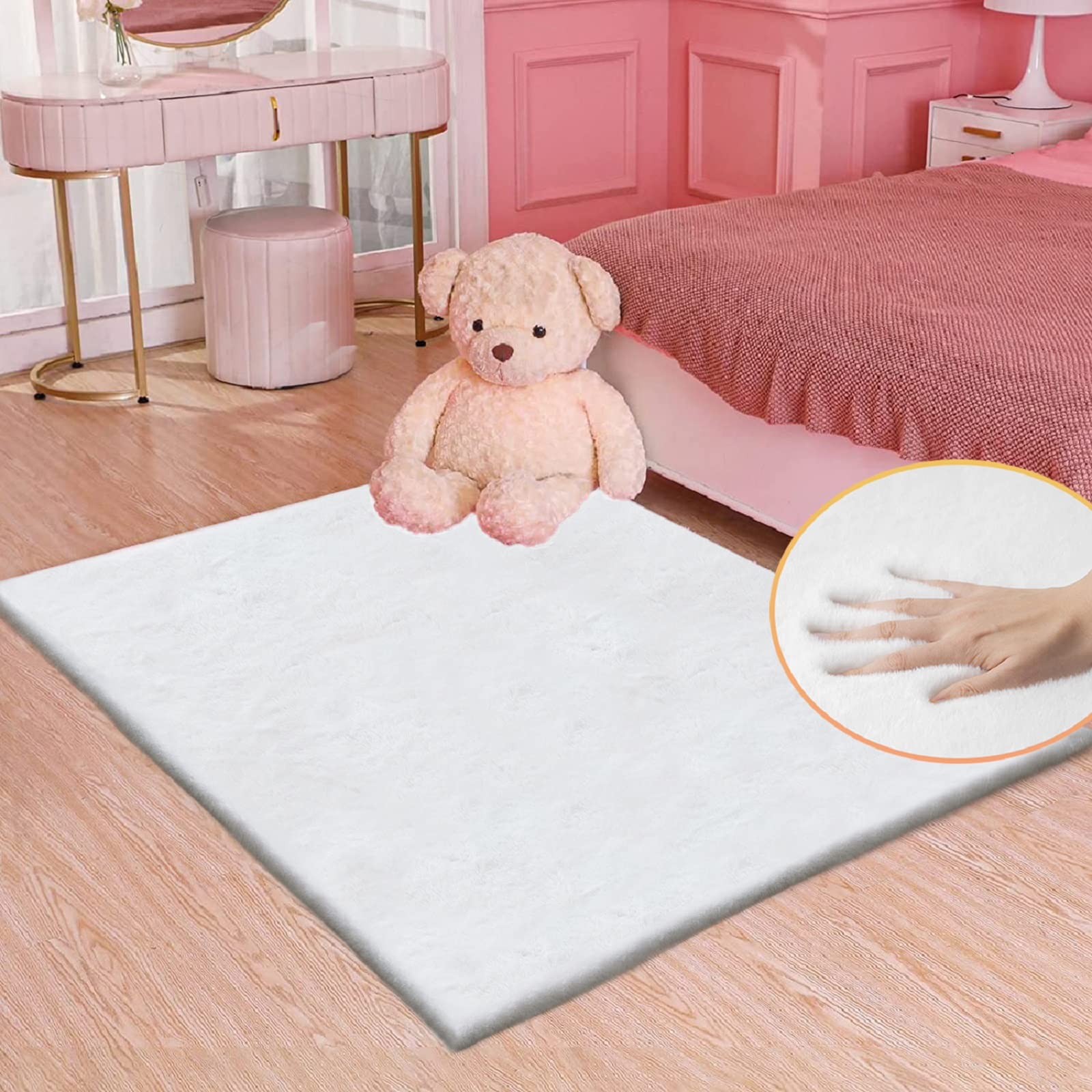 ORINOVA White Faux Rabbit Fluffy Fur Rugs for Bedroom Machine Washable Furry Area Rugs for Living Room Smal 2x4 Shag Runner Rug Nursery Rug