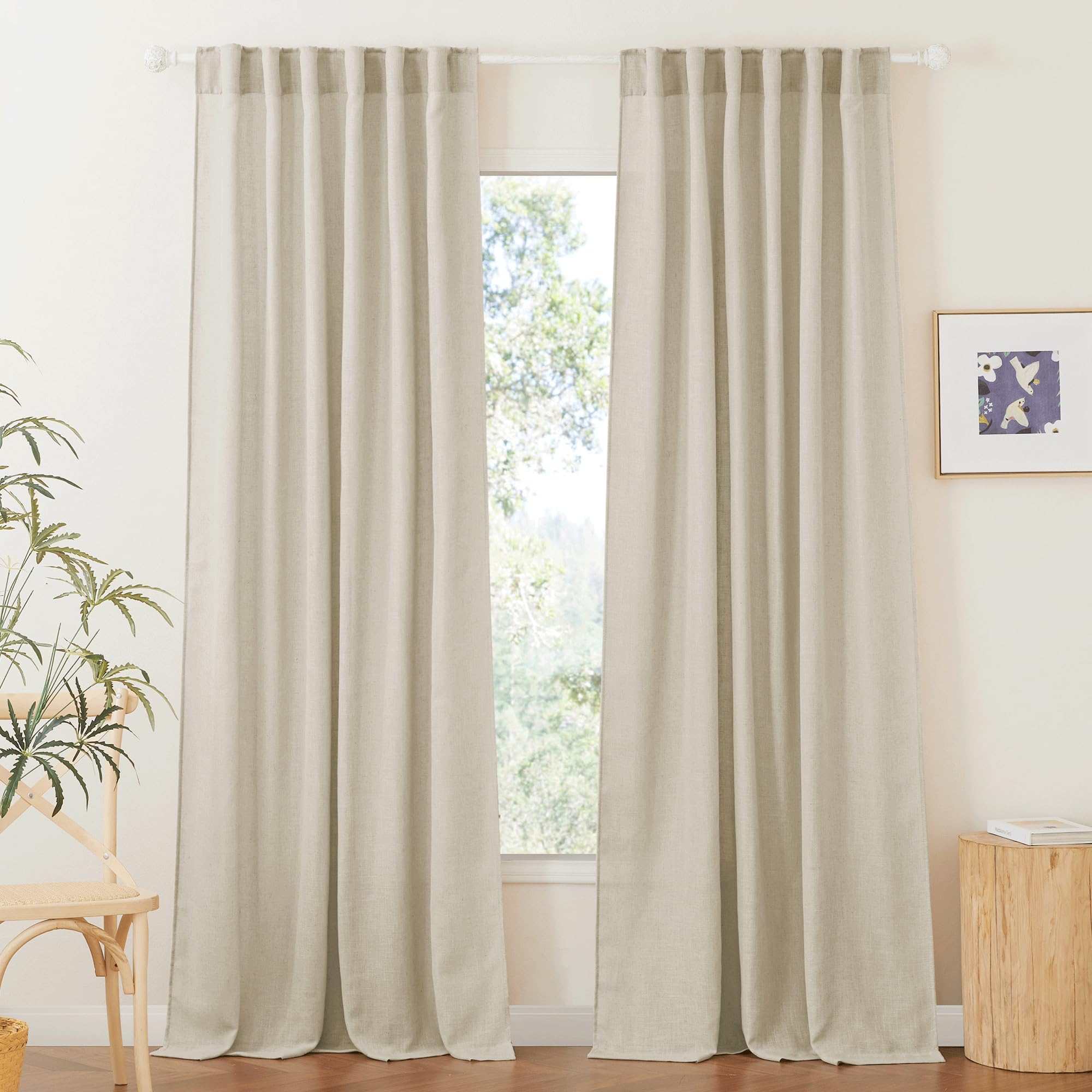RYB HOME Linen Sheer Curtains and Drapes for Living Room 108 inches Length, Breathable Back Tab/Rod Pocket Semi Sheer Curtains, Oatmeal, W 52 x L 108 inches, 2 Panels Set