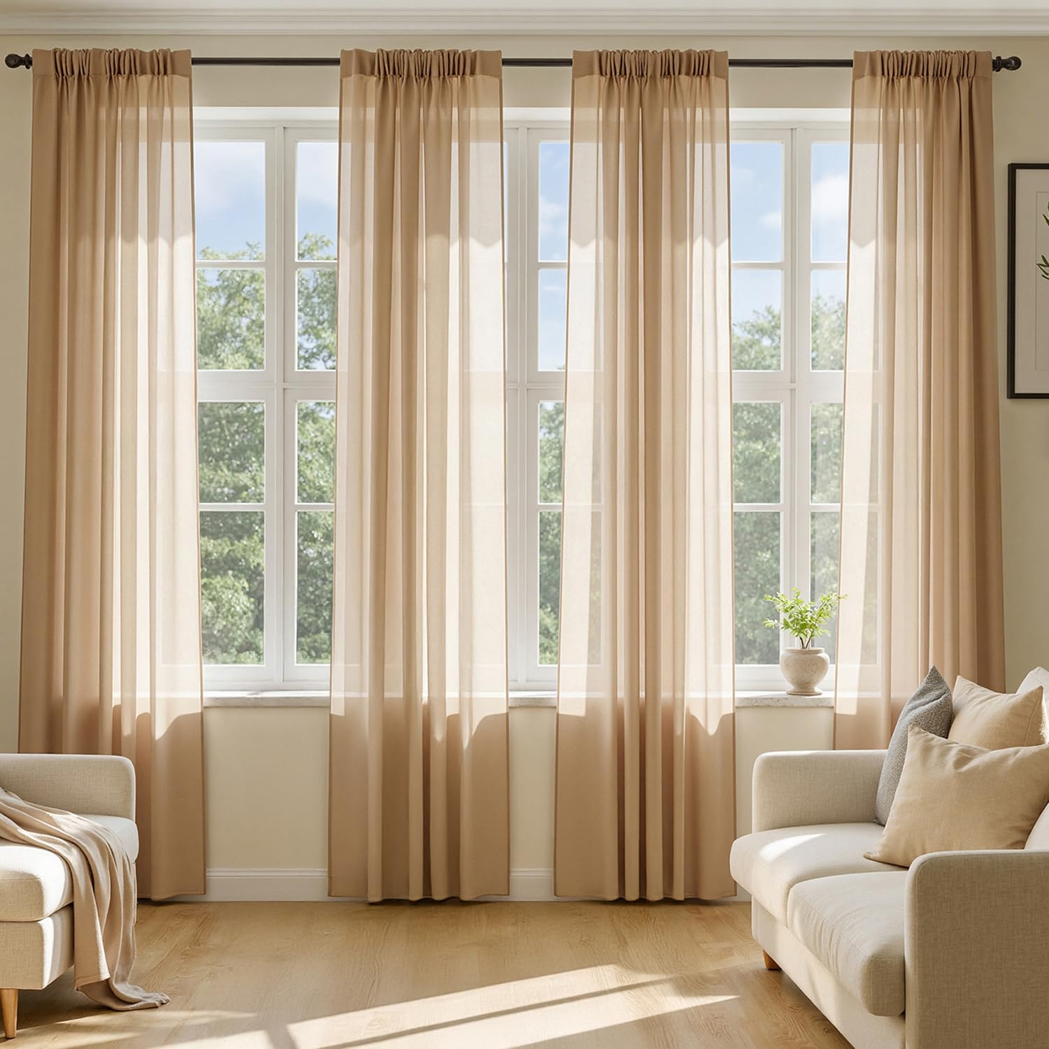 MIULEE Butter Cream Sheer Curtains 96 Inches Long, 4 Panels Set, Rod Pocket Voile Drapes Light Filtering and Semi Transparent, Elegant Window Treatments for Bedroom Living Room,42 x 96 Inches
