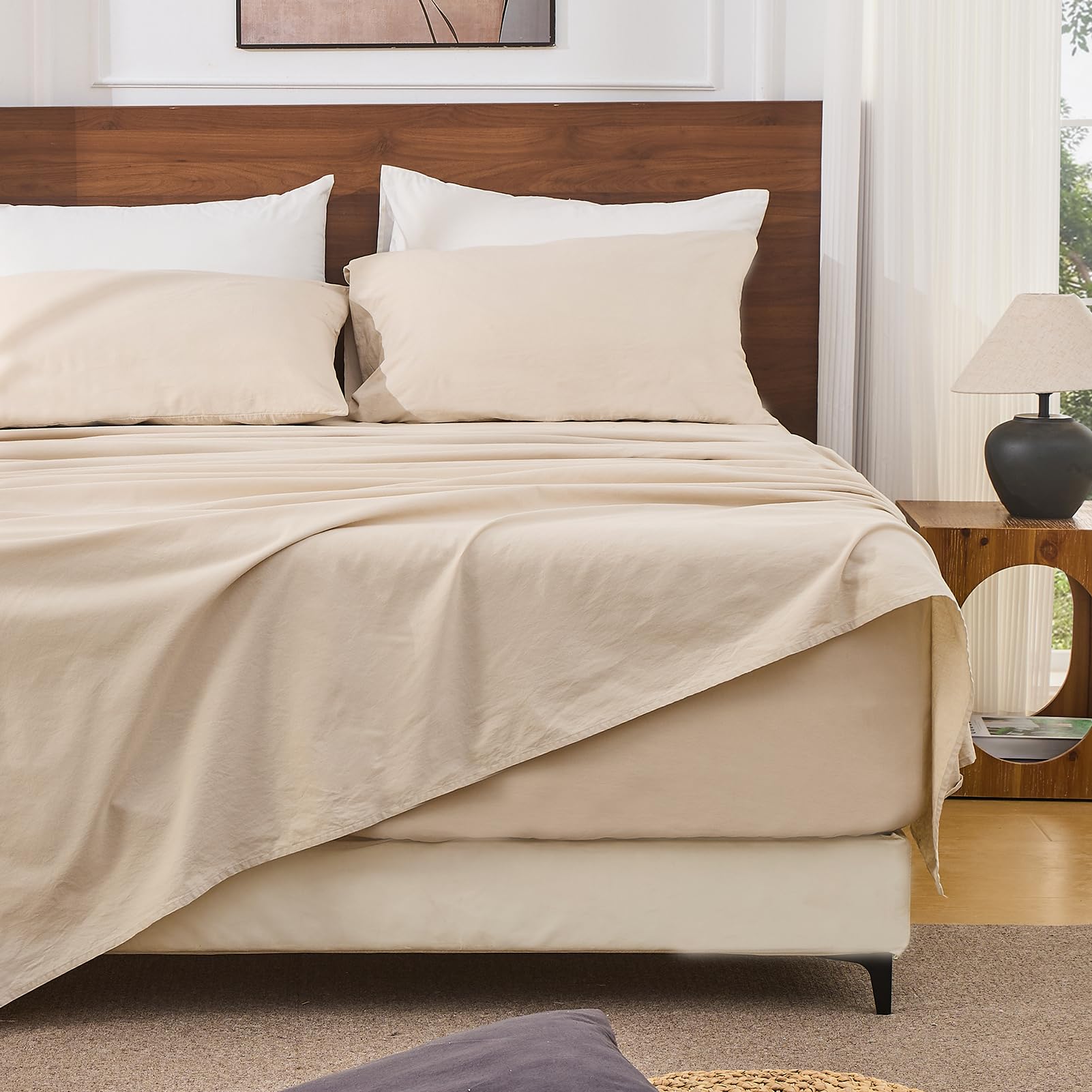 Bedlifes 100% French Pure Linen Sheets Queen Size Breathable and Cooling Flax Sheet Set Soft Durable and Moisture Wicking 16 Inch Deep Pocket-4 Piece(Queen,Linen)