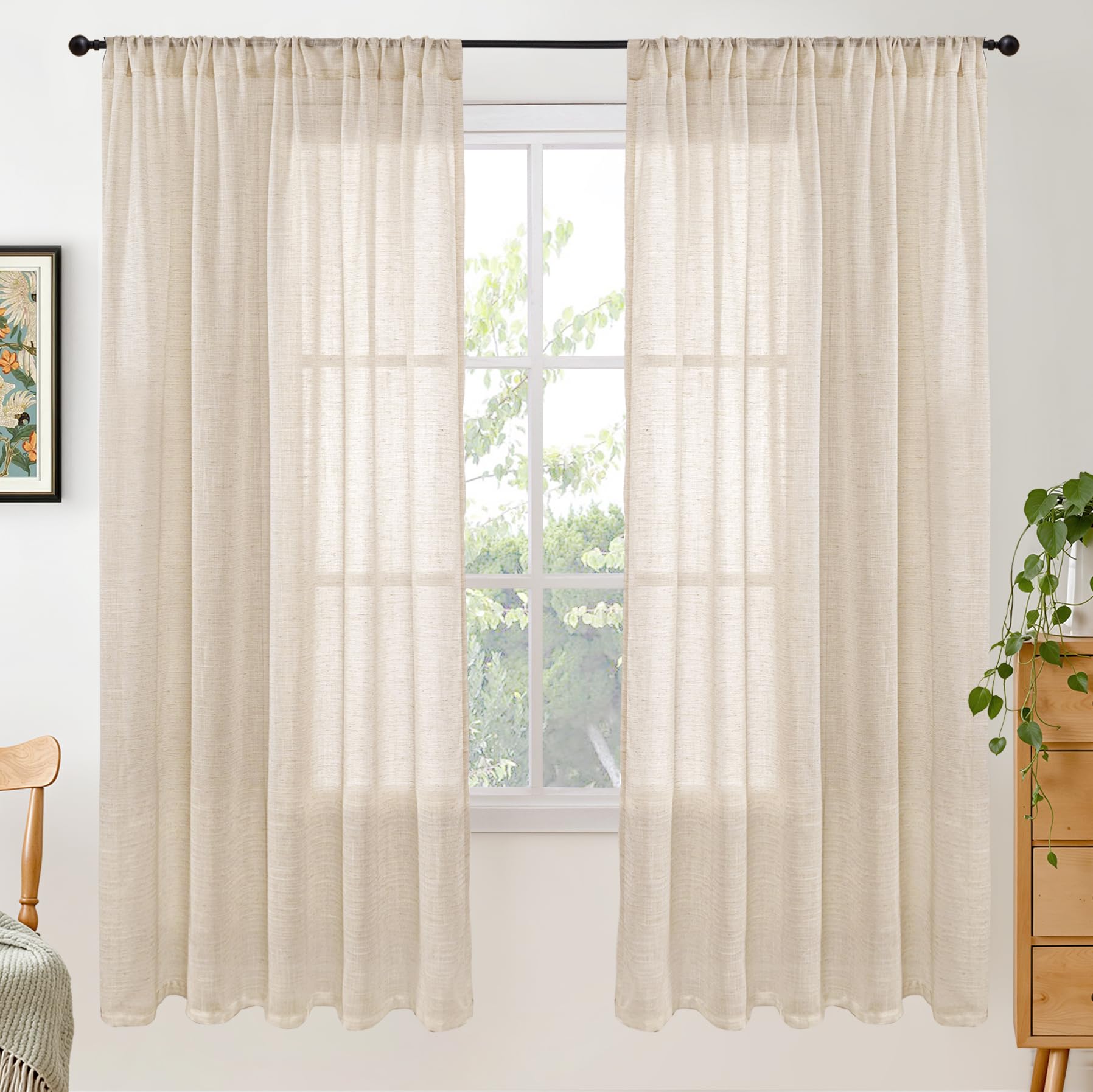 BGment 90 Inches Long Curtains Linen Semi Sheer, Light Filtering Window Treatments Drapes with Rod Pocket Lightweight for Living Room Bedroom, 2 Panels, 52 Inch Wide Each Panel