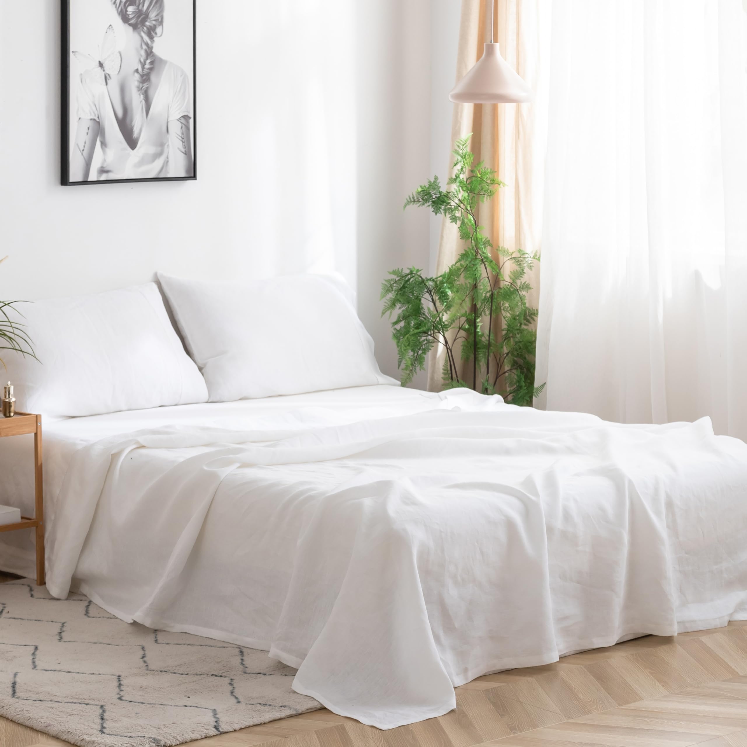 Simple&Opulence 100% Linen Sheets Queen Size Set, 4 Pcs Natural French Linen Bed Sheets, Breathable Soft Durable Bedding Set for All Season (Classic Blue, Queen)