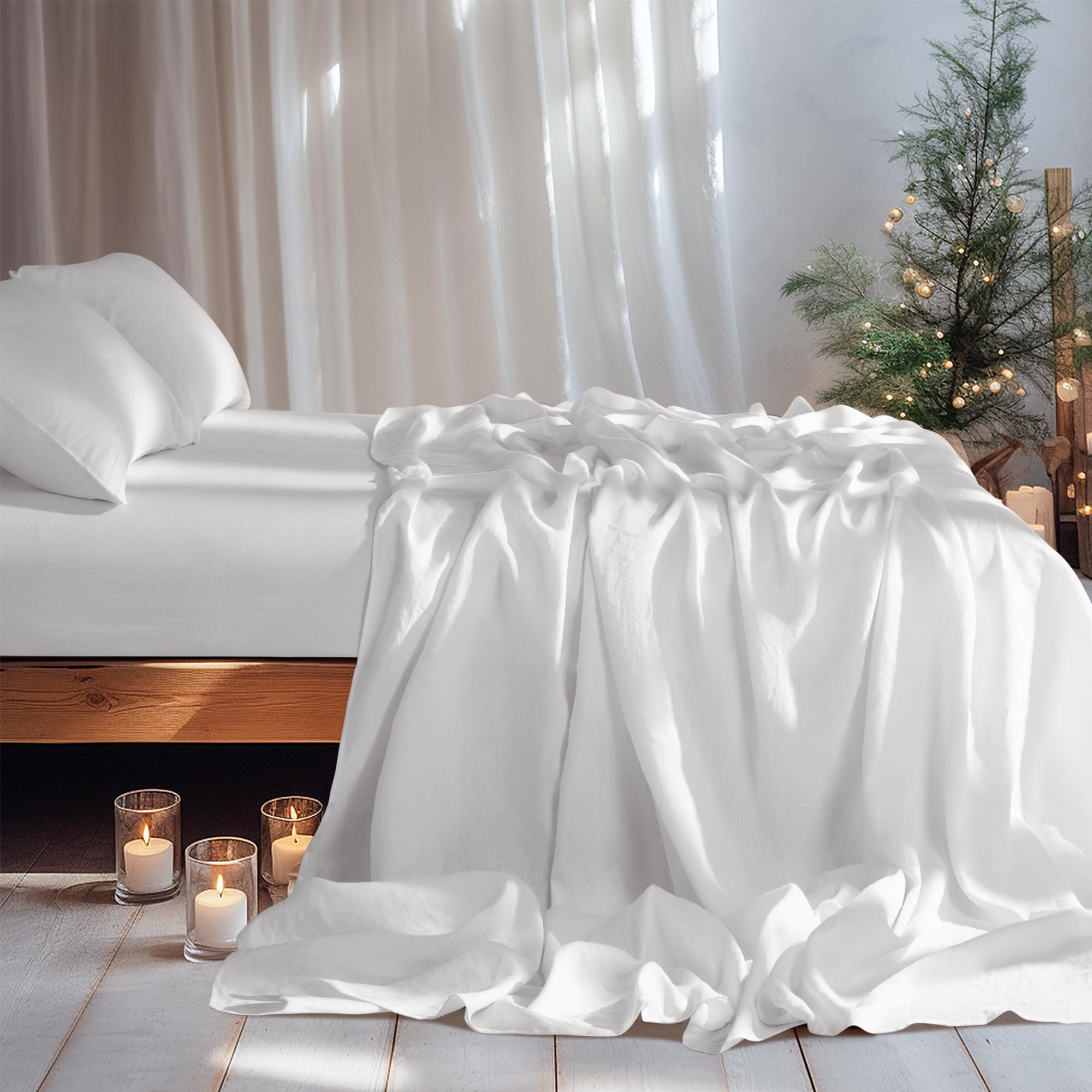 LBRO2M 100% Linen Sheet Set Deep Pocket Fit Up to 19" Bed Sheets Sets, Natural Flax Beddings Soft, Breathable, Comfortable for All Year Round 4 Pcs Sheet Set (Queen, Linen)