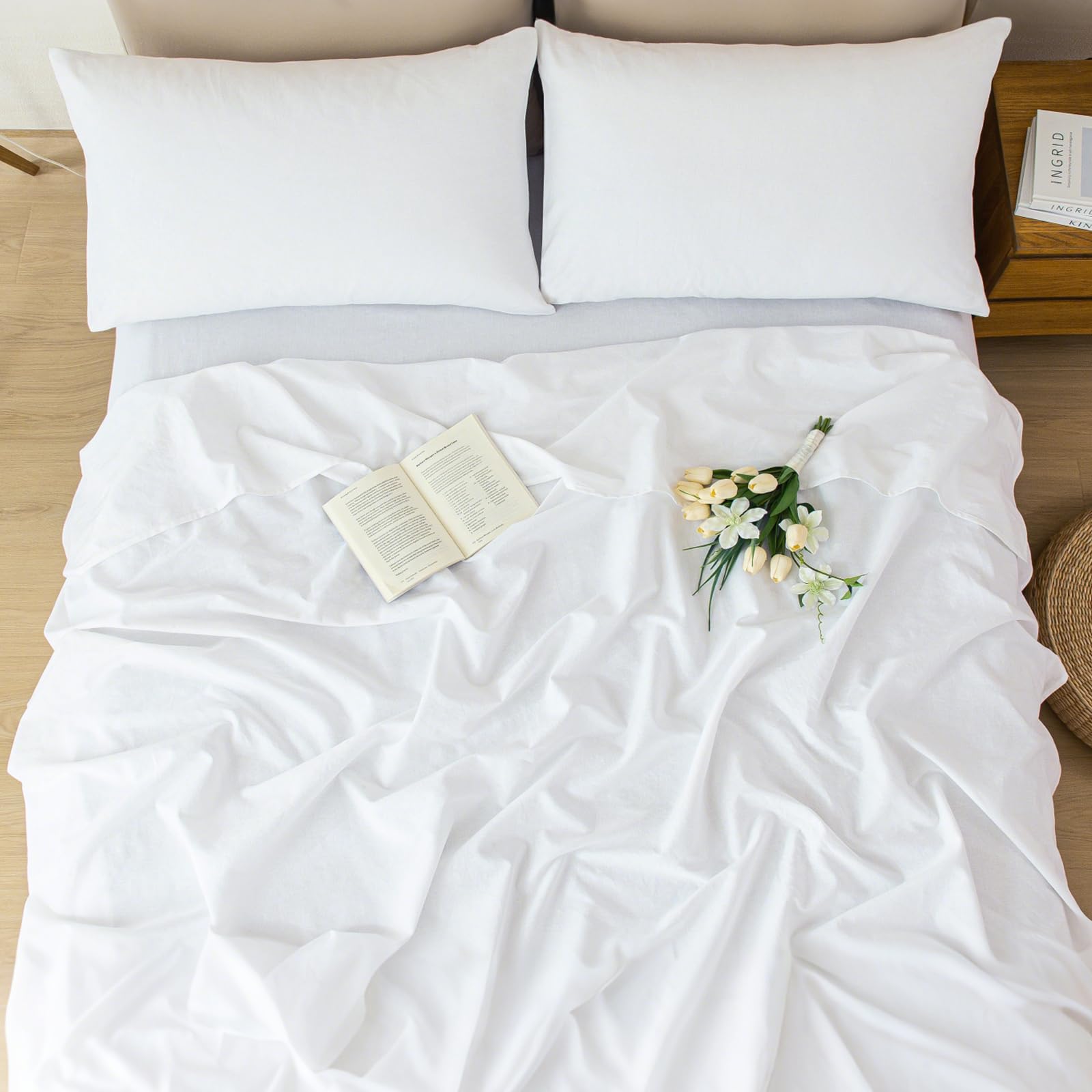 100% Linen Sheets Queen Size 4 Piece - Washed Natural Flax Bedding Set, Ultra Breathable Soft Durable Flat Sheet, Fitted Sheet Set with 16" Deep Pocket, All Season (Linen, King)