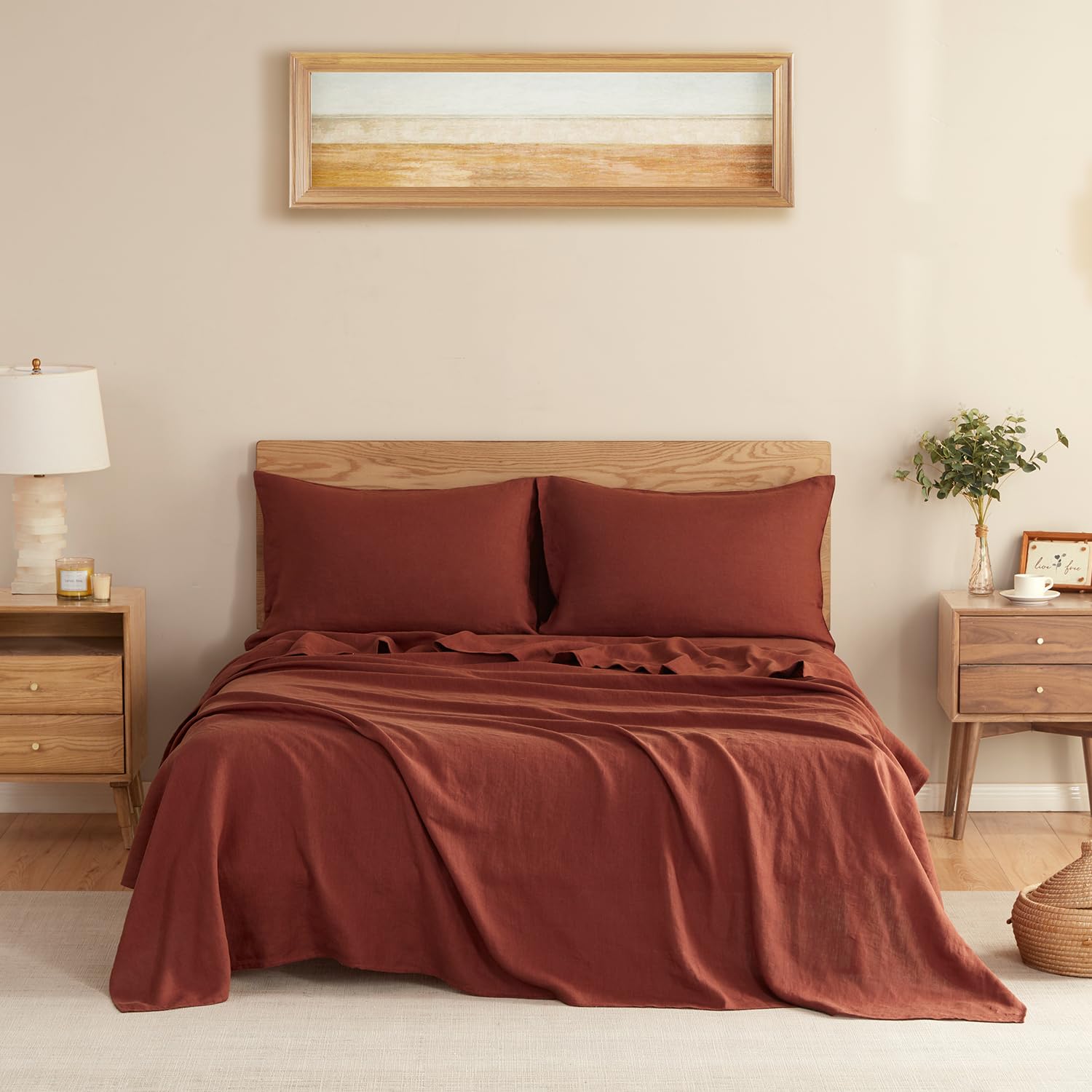 DAPU Pure Linen Sheets Set, 100% French Linen from Normandy, Breathable and Durable for Hot Sleepers, 4 Pcs Queen Size Sheets Set - 1 Flat Sheet, 1 Fitted Sheet, 2 Pillowcases (Natural Linen, Queen)