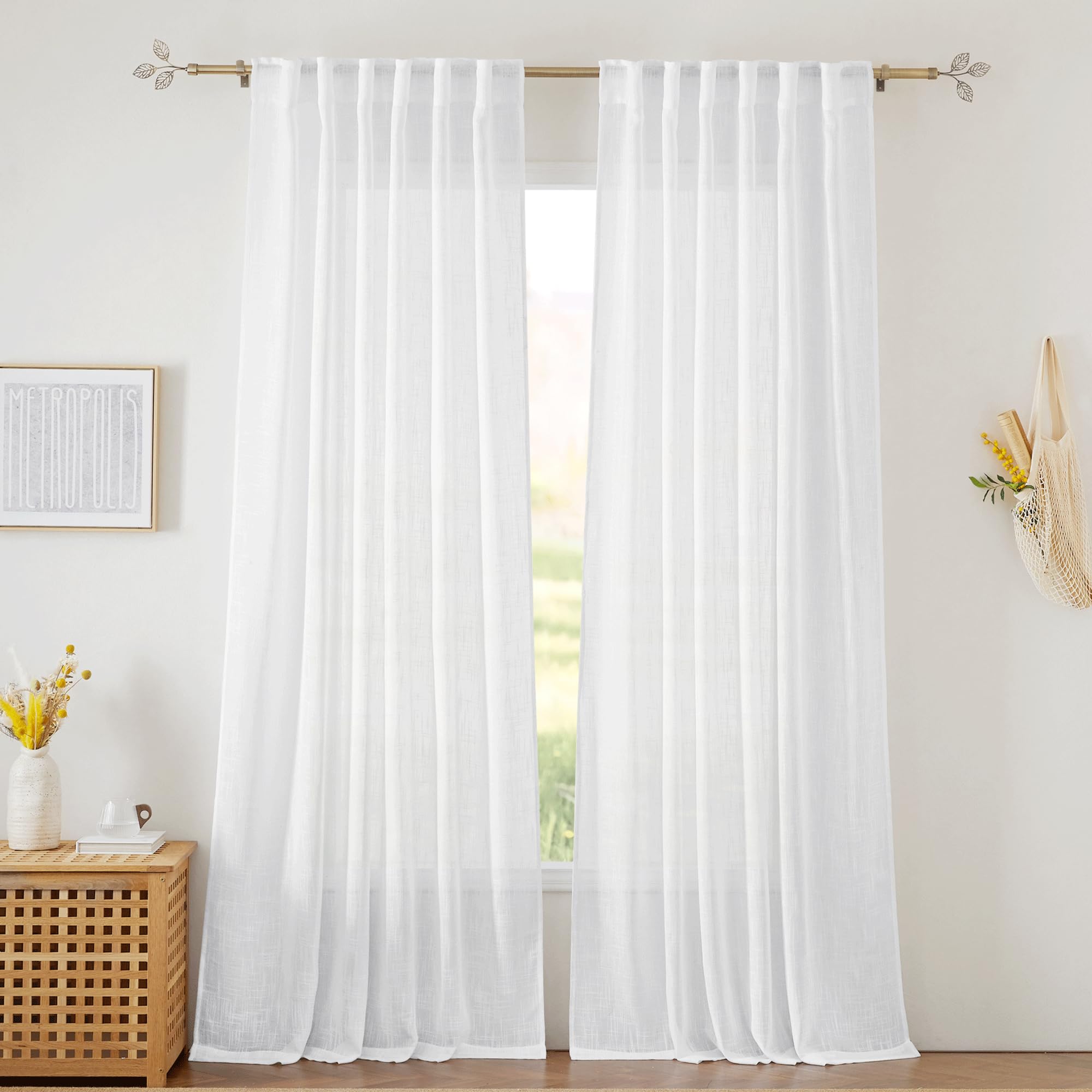 RYB HOME Linen Sheer Curtains and Drapes for Living Room 108 inches Length, Breathable Back Tab/Rod Pocket Semi Sheer Curtains, Oatmeal, W 52 x L 108 inches, 2 Panels Set