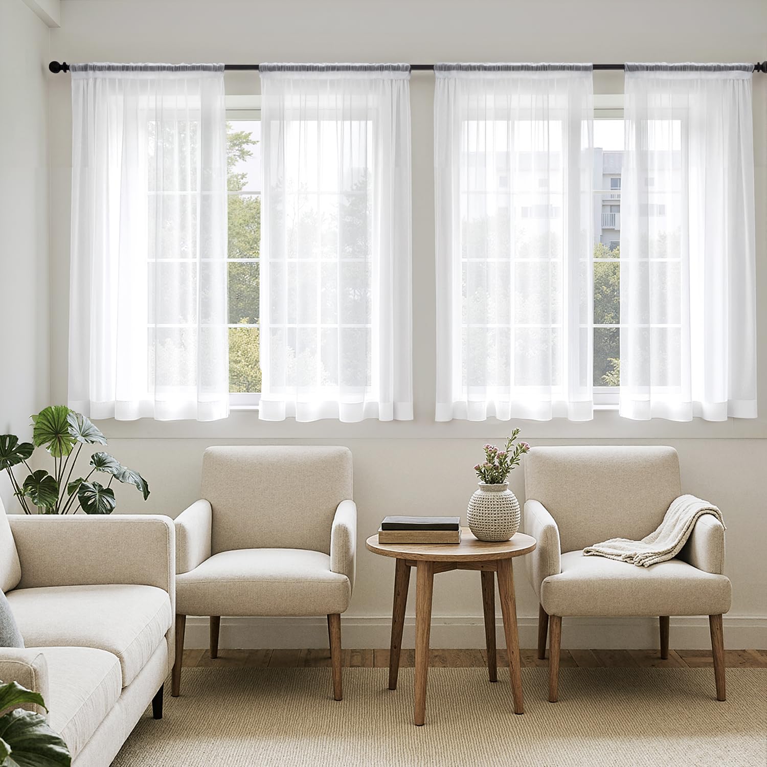 MIULEE Butter Cream Sheer Curtains 96 Inches Long, 4 Panels Set, Rod Pocket Voile Drapes Light Filtering and Semi Transparent, Elegant Window Treatments for Bedroom Living Room,42 x 96 Inches