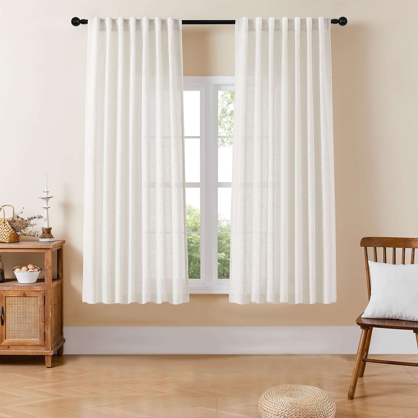 Joydeco Linen Curtains 96 inch Length 2 Panel Set, Light Filtering Curtain for Living Room Bedroom, 52 inch Wide Drapes with Rod Pocket Back Tab (96" Lx52 W, Ivory on Linen)