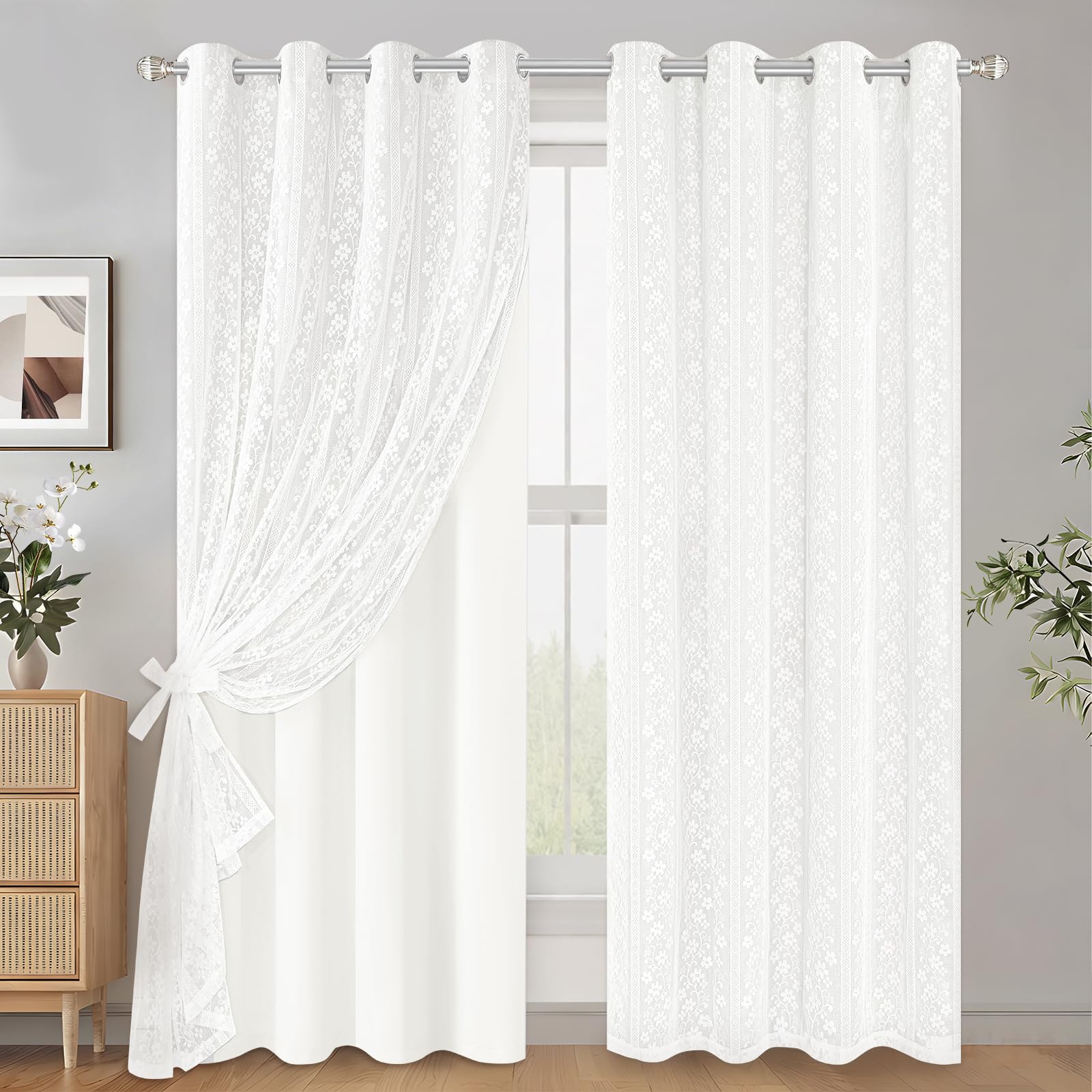 2-Panel 52×84" Beige Linen Curtains, Boho Farmhouse Window Drapes