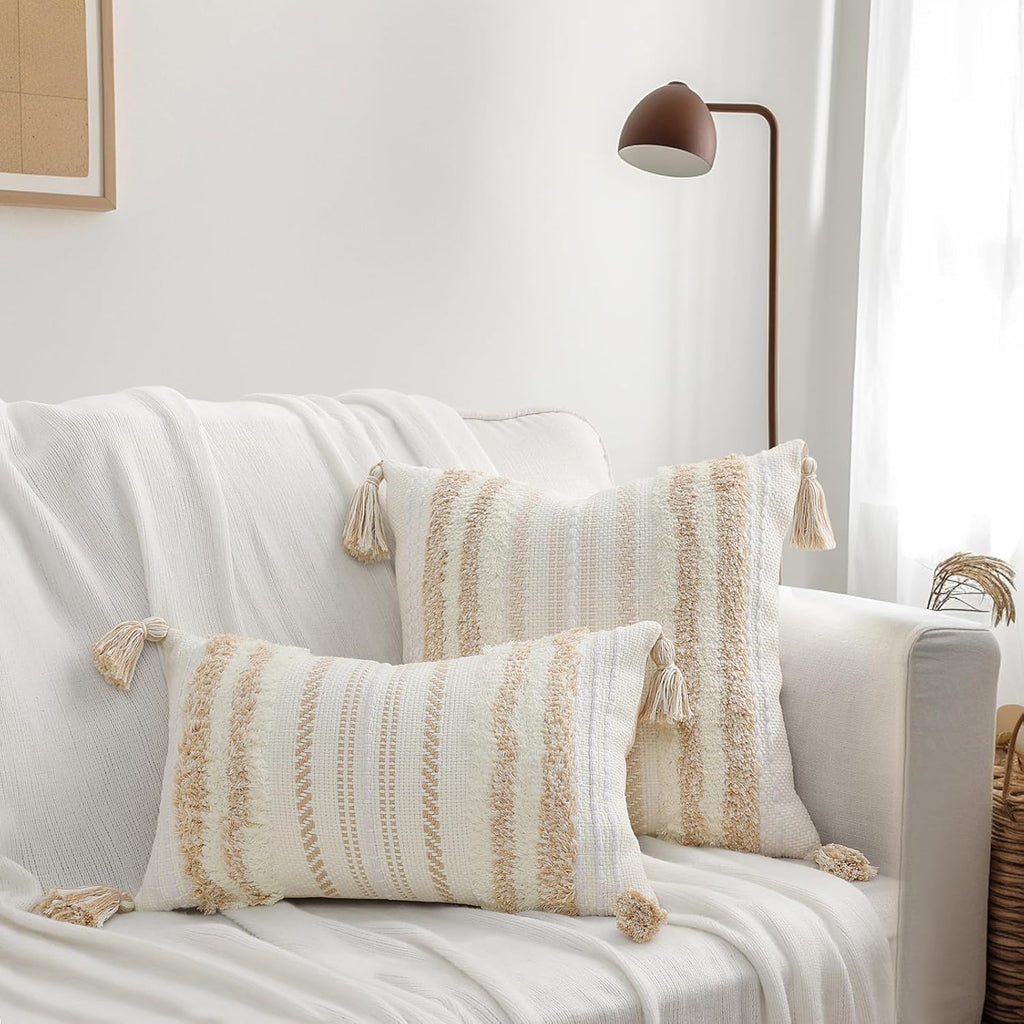 decorUhome Summer Decorative Boho Throw Pillow Covers 18x18 Set of 2, Accent Neutral Textured Tufted Pillow Covers Striped for Couch Bed Sofa Living Room, Khaki and Cream White