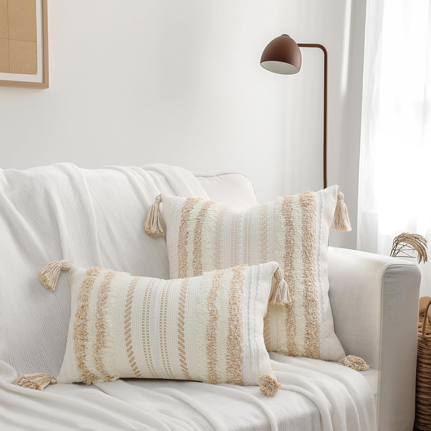 decorUhome Summer Decorative Boho Throw Pillow Covers 18x18 Set of 2, Accent Neutral Textured Tufted Pillow Covers Striped for Couch Bed Sofa Living Room, Khaki and Cream White