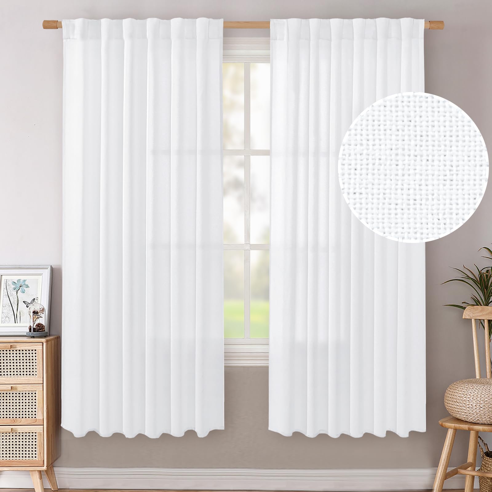 BGment Natural Linen Semi Sheer Curtains 96 Inch Length 2 Panels for Living Room, Beige Light Filtering Window Drapes with Rod Pocket Back Tab Extre Long for Dining Bedroom, 52 X 96 Inch