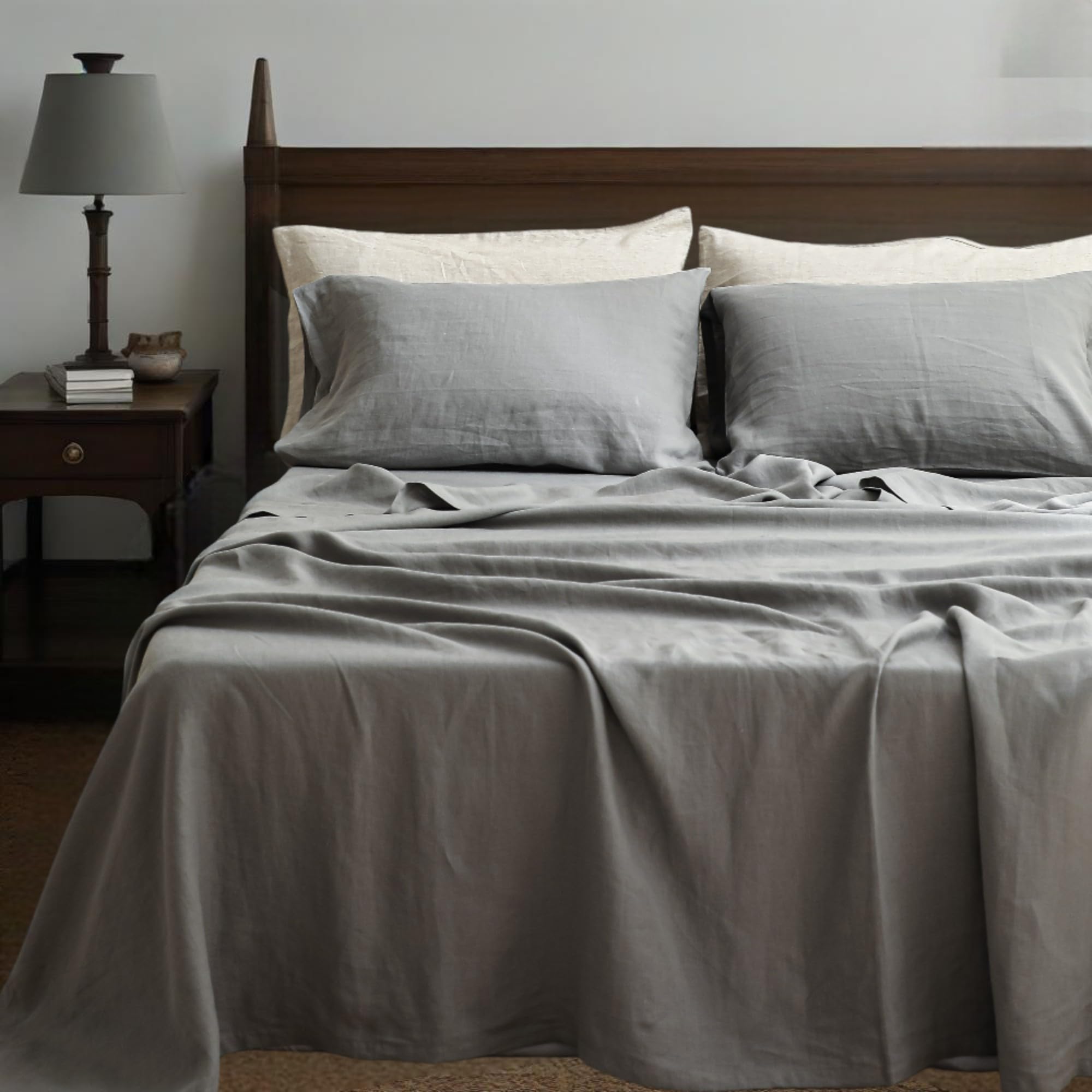 Simple&Opulence 100% Linen Sheets Queen Size Set, 4 Pcs Natural French Linen Bed Sheets, Breathable Soft Durable Bedding Set for All Season (Classic Blue, Queen)