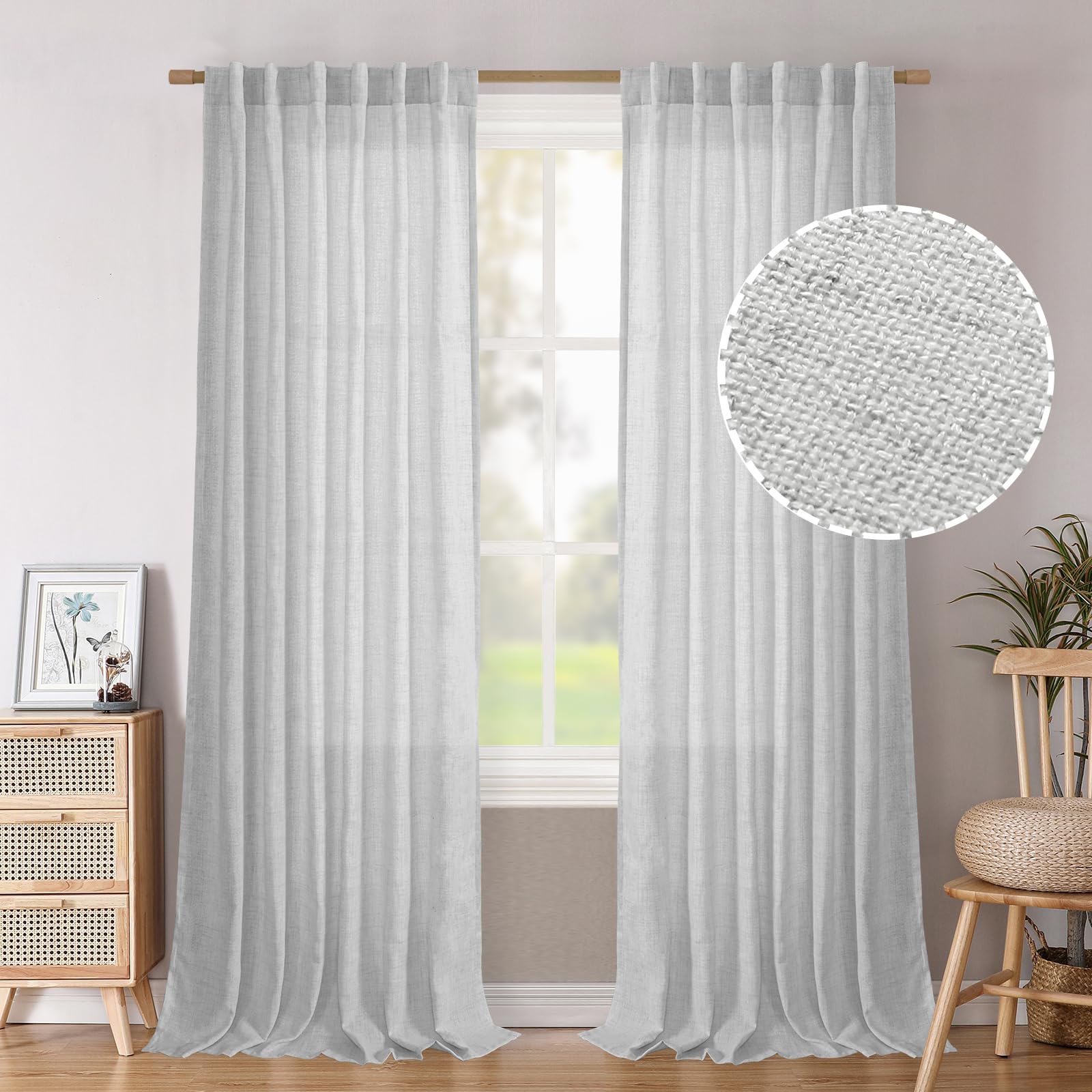 BGment Natural Linen Semi Sheer Curtains 96 Inch Length 2 Panels for Living Room, Beige Light Filtering Window Drapes with Rod Pocket Back Tab Extre Long for Dining Bedroom, 52 X 96 Inch