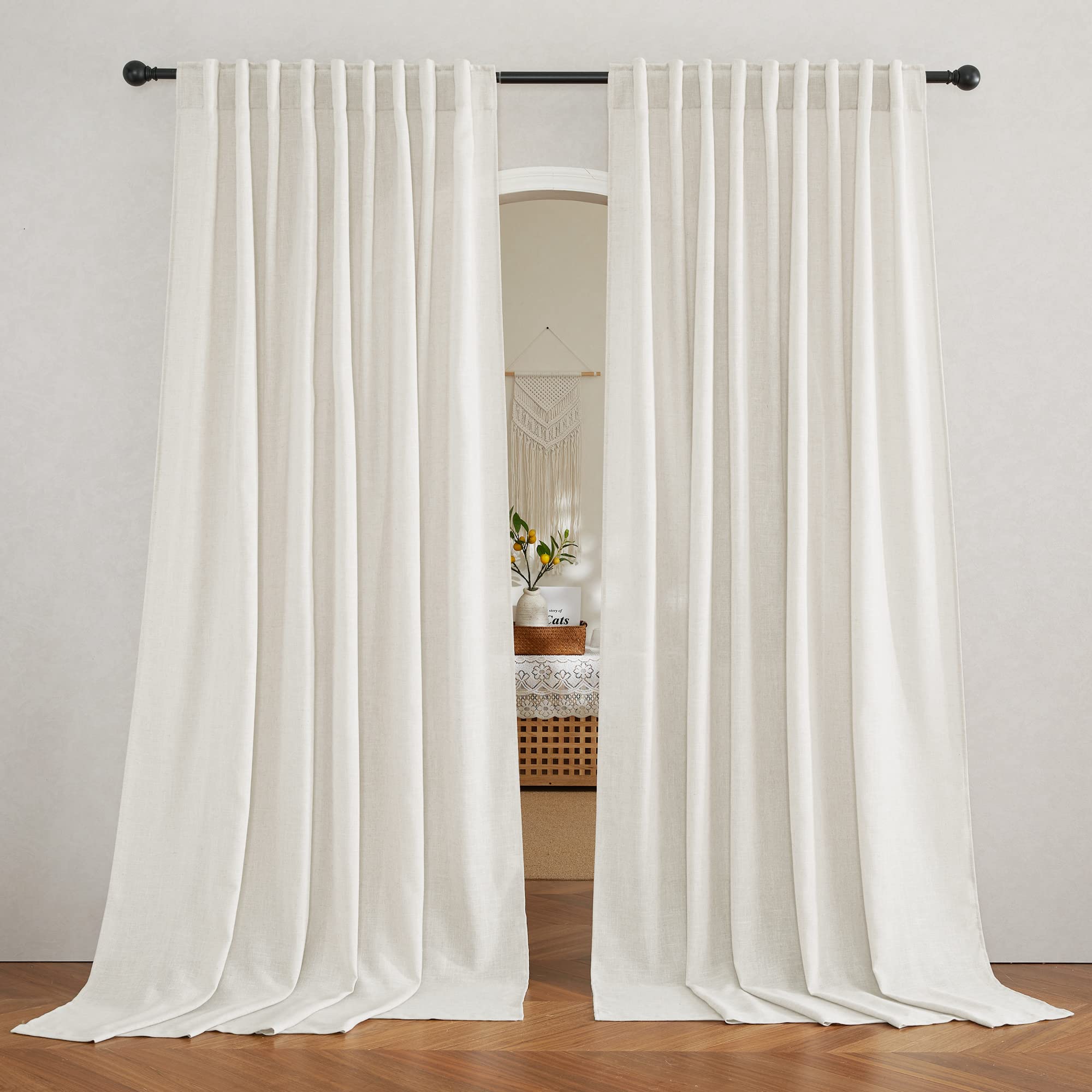 RYB HOME Linen Sheer Curtains and Drapes for Living Room 108 inches Length, Breathable Back Tab/Rod Pocket Semi Sheer Curtains, Oatmeal, W 52 x L 108 inches, 2 Panels Set