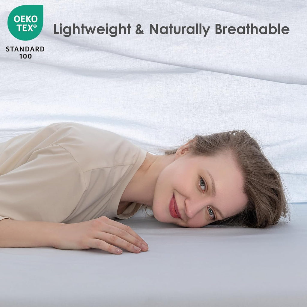 Yibeizi Light Blue 100% Washed Cotton Linen Feel Sheet Set Queen Size, 4 Pieces Deep Pocket Bed Sheets Soft Breathable Hotel Bedsheets