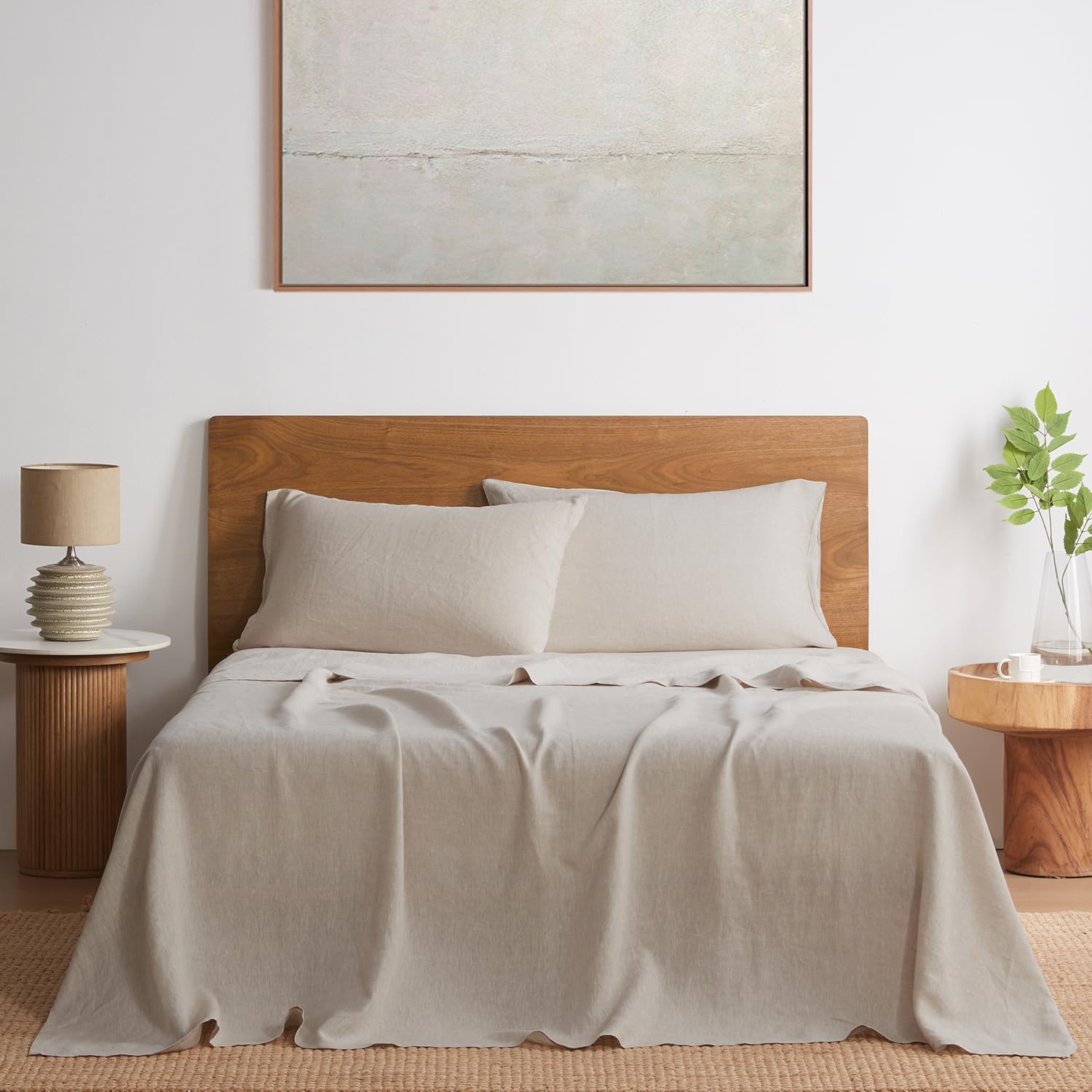 DAPU Pure Linen Sheets Set, 100% French Linen from Normandy, Breathable and Durable for Hot Sleepers, 4 Pcs Queen Size Sheets Set - 1 Flat Sheet, 1 Fitted Sheet, 2 Pillowcases (Natural Linen, Queen)