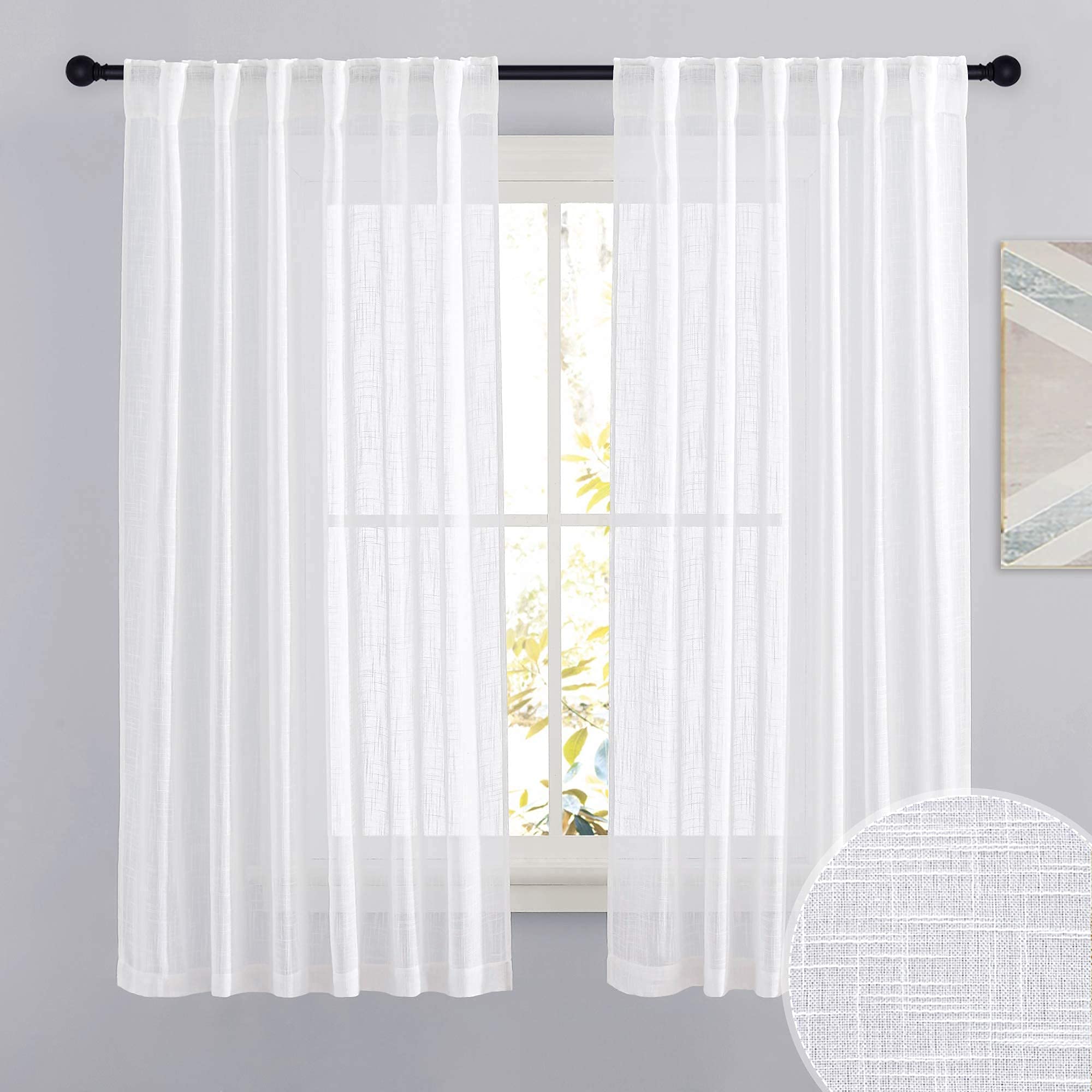 RYB HOME Linen Sheer Curtains and Drapes for Living Room 108 inches Length, Breathable Back Tab/Rod Pocket Semi Sheer Curtains, Oatmeal, W 52 x L 108 inches, 2 Panels Set