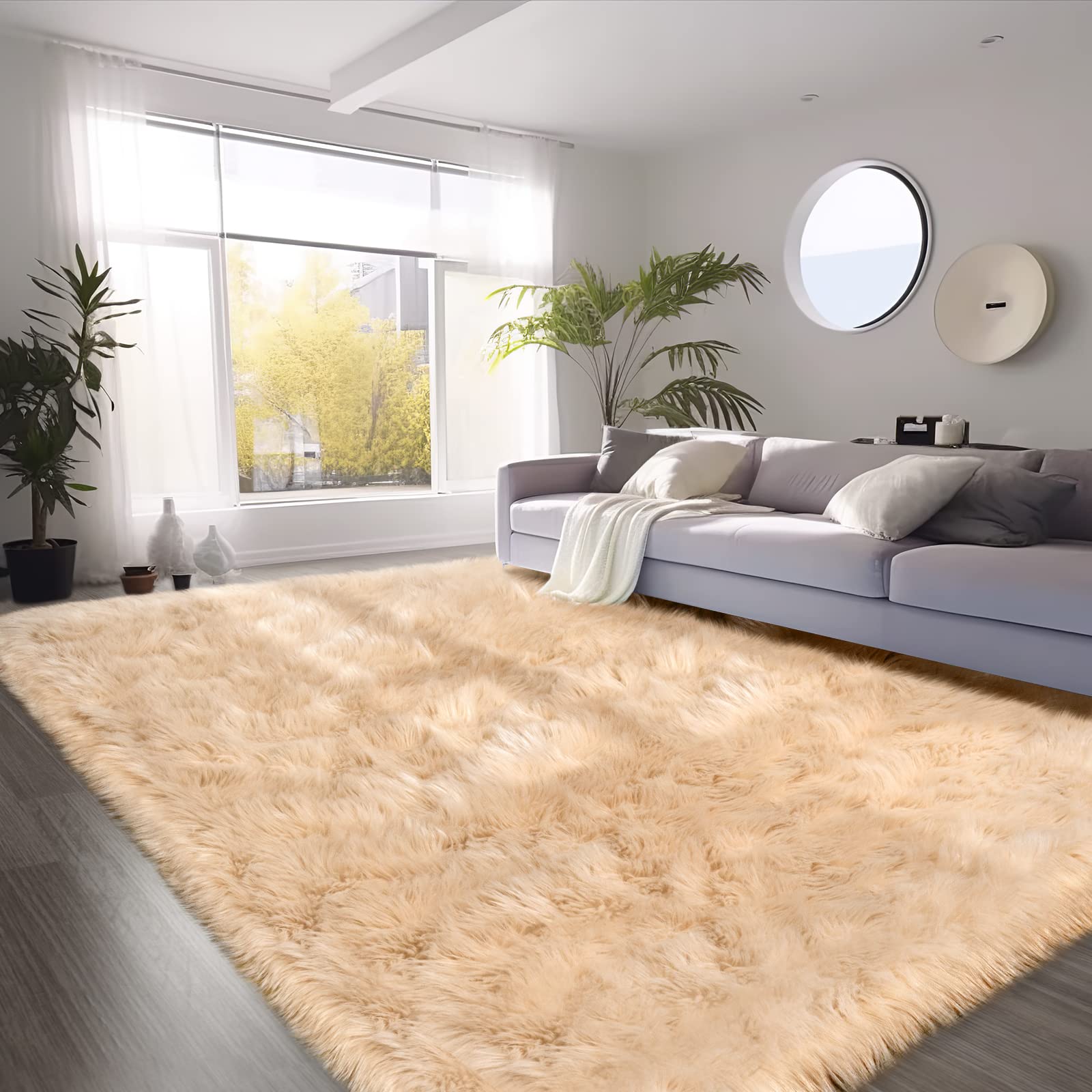 SERISSA Soft Fluffy Area Rug, Grey Faux Sheepskin Fur Rug, Shaggy Rug for Bedroom Floor Fuzzy Carpet for Living Room 4x6 Feet