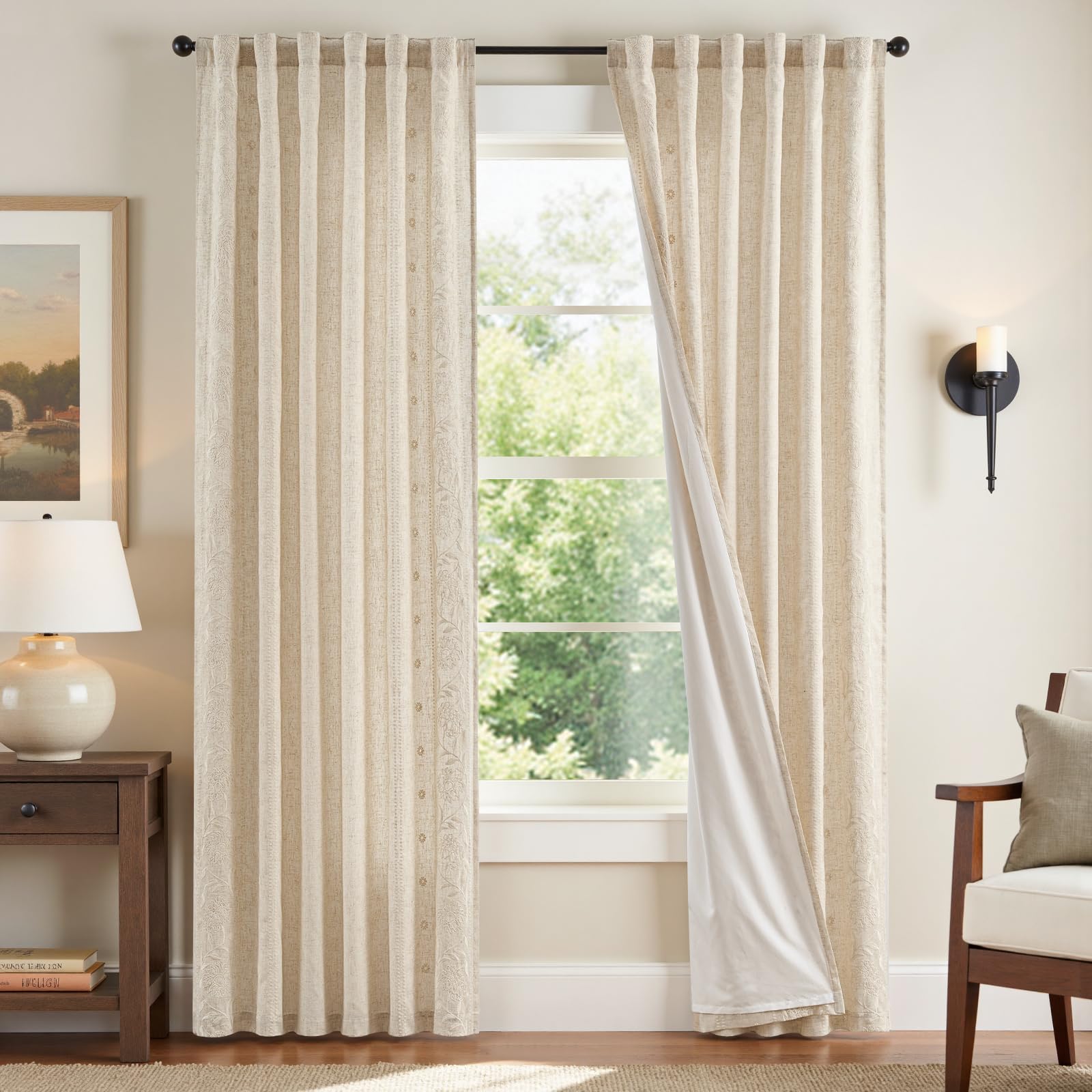 jinchan Winslow Linen Curtains for Bedroom 84 Inches Length Ivory on Taupe Embroidered Bordered Floral Curtains for Living Room Farmhouse Decor Light Filtering Window Treatments 2 Panels