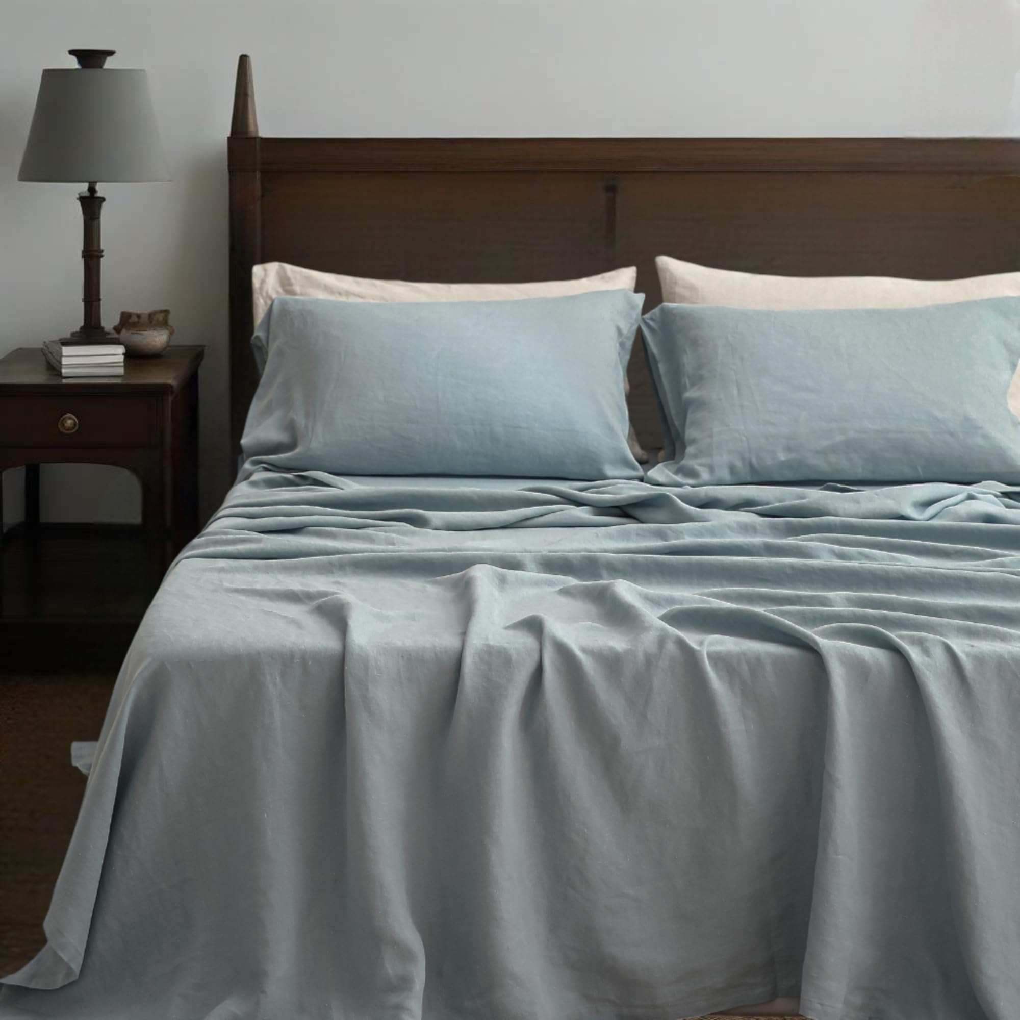 Simple&Opulence 100% Linen Sheets Queen Size Set, 4 Pcs Natural French Linen Bed Sheets, Breathable Soft Durable Bedding Set for All Season (Classic Blue, Queen)