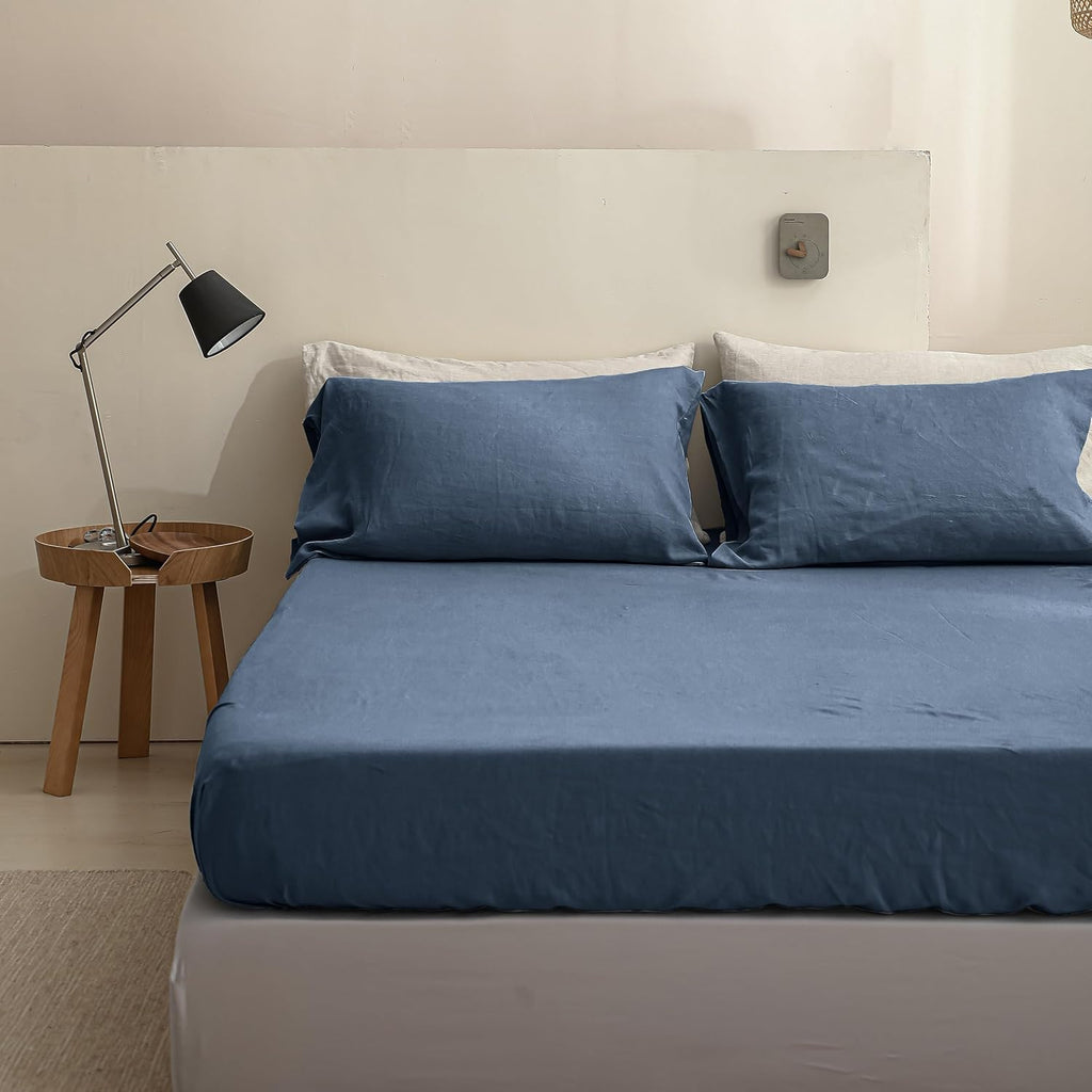 Simple&Opulence 100% Linen Sheets Queen Size Set, 4 Pcs Natural French Linen Bed Sheets, Breathable Soft Durable Bedding Set for All Season (Classic Blue, Queen)